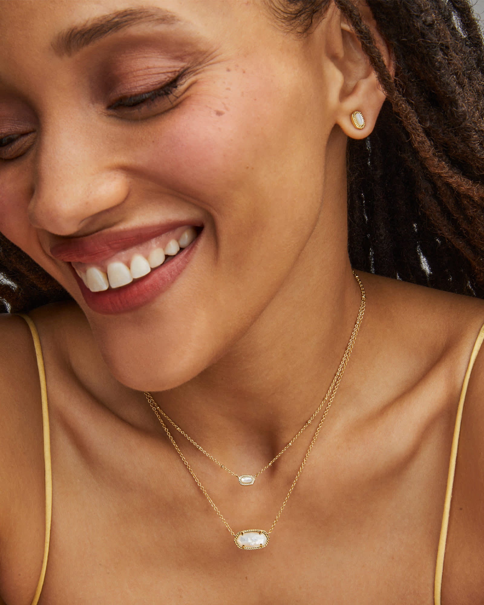 Mini Elisa Gold Satellite Short Pendant Necklace in Ivory Mother of Pe