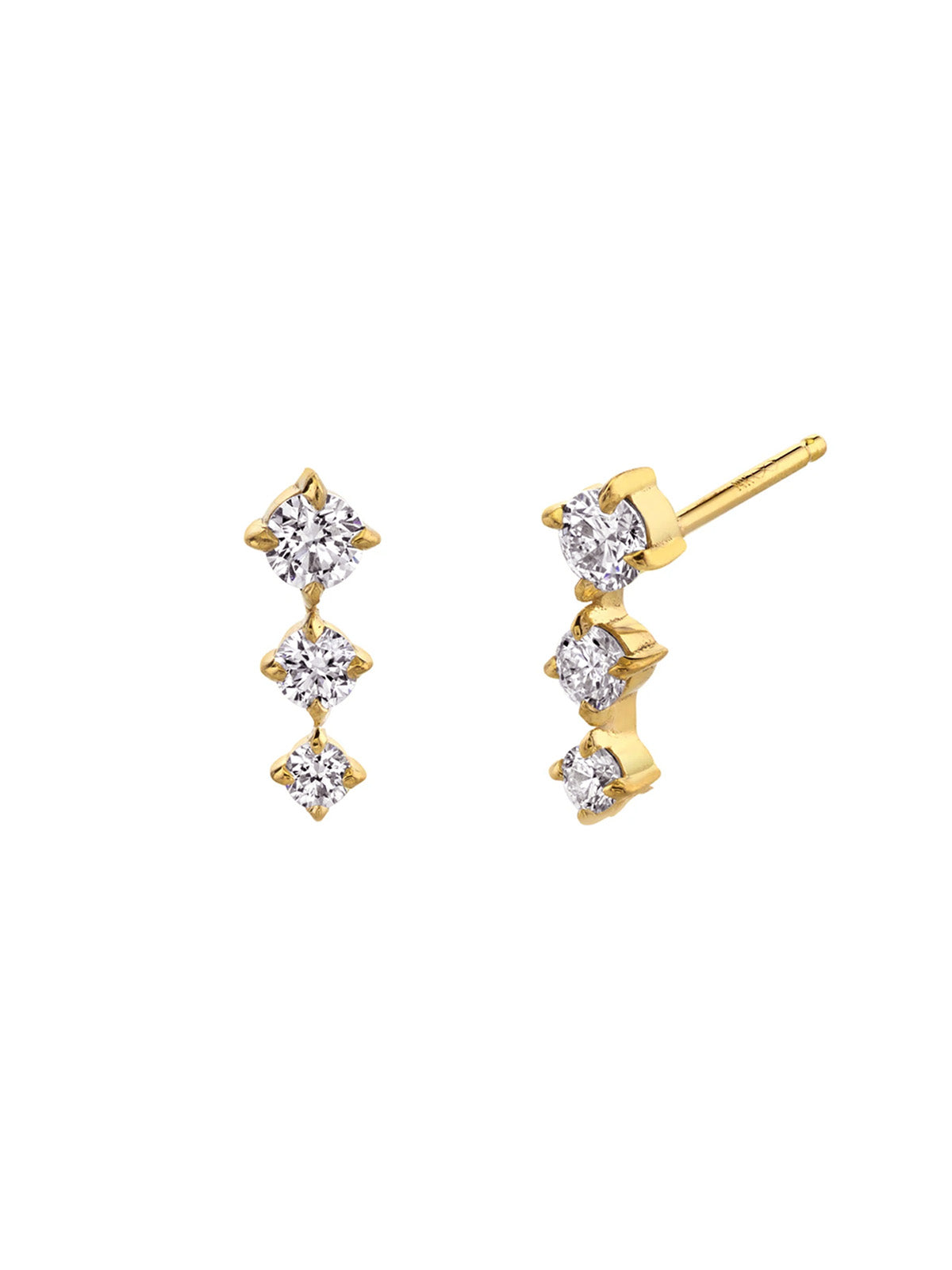 Triple 3 Diamond Yellow Gold Stud Earrings