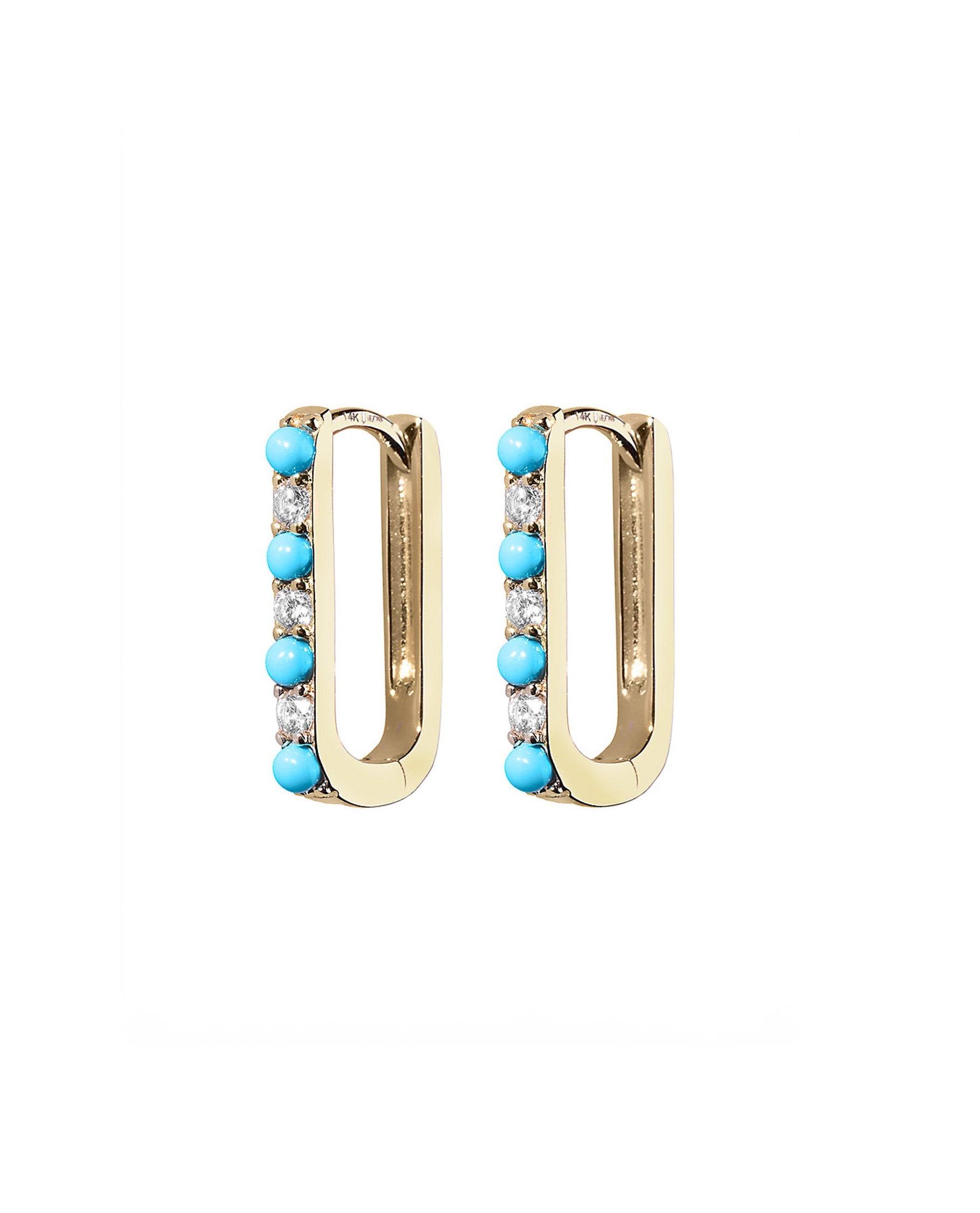 Diamond & Turquoise Small Paperclip Yellow Gold Hoop Earrings