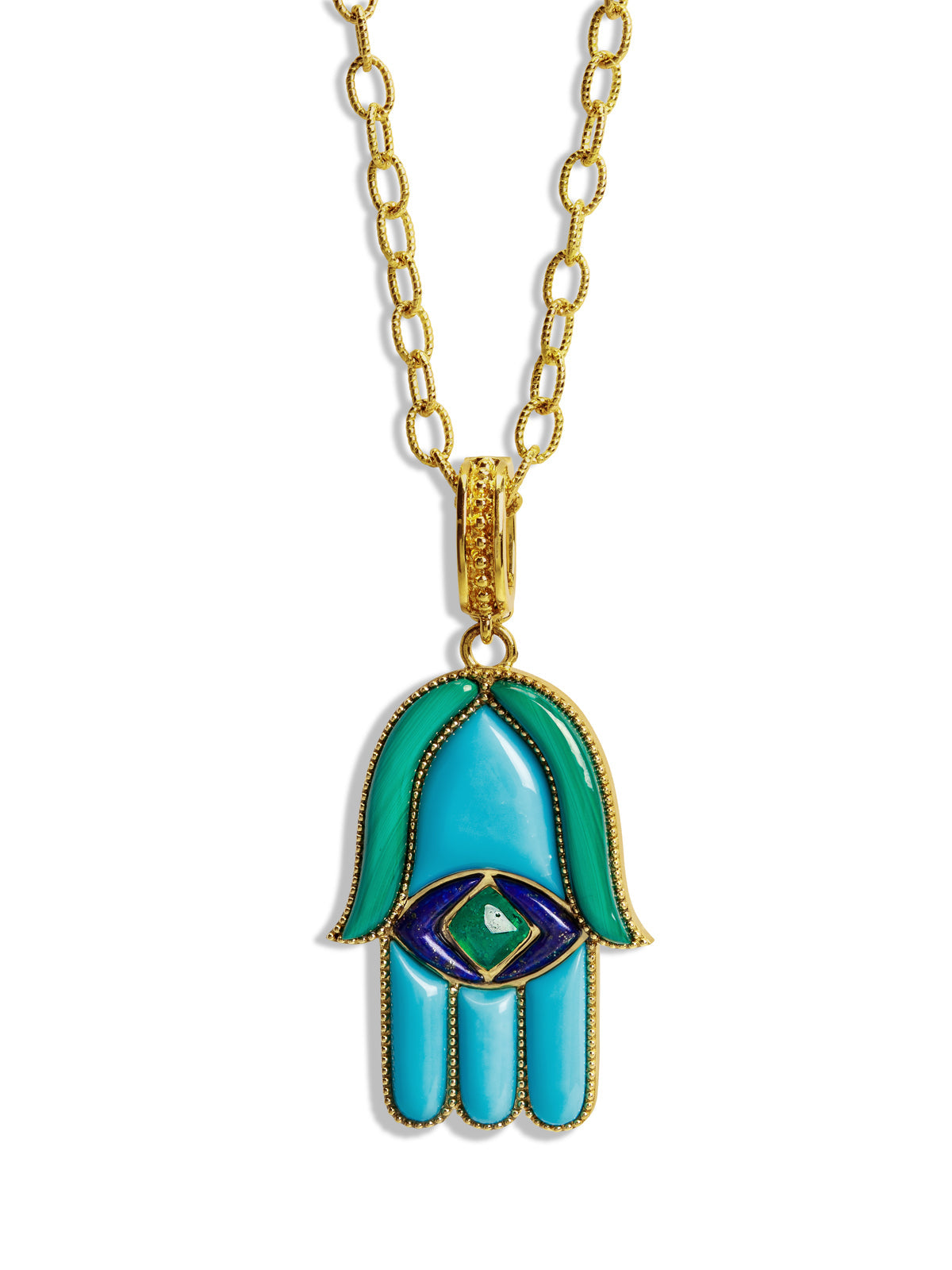 Turquoise, Malachite, & Lapis Large Hamsa Amulet Necklace