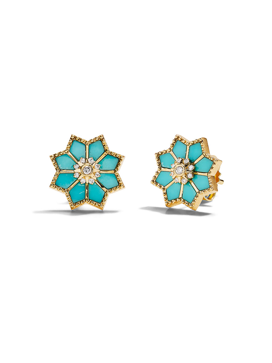 Turquoise & Diamond Sacred Flower Yellow Gold Stud Earrings