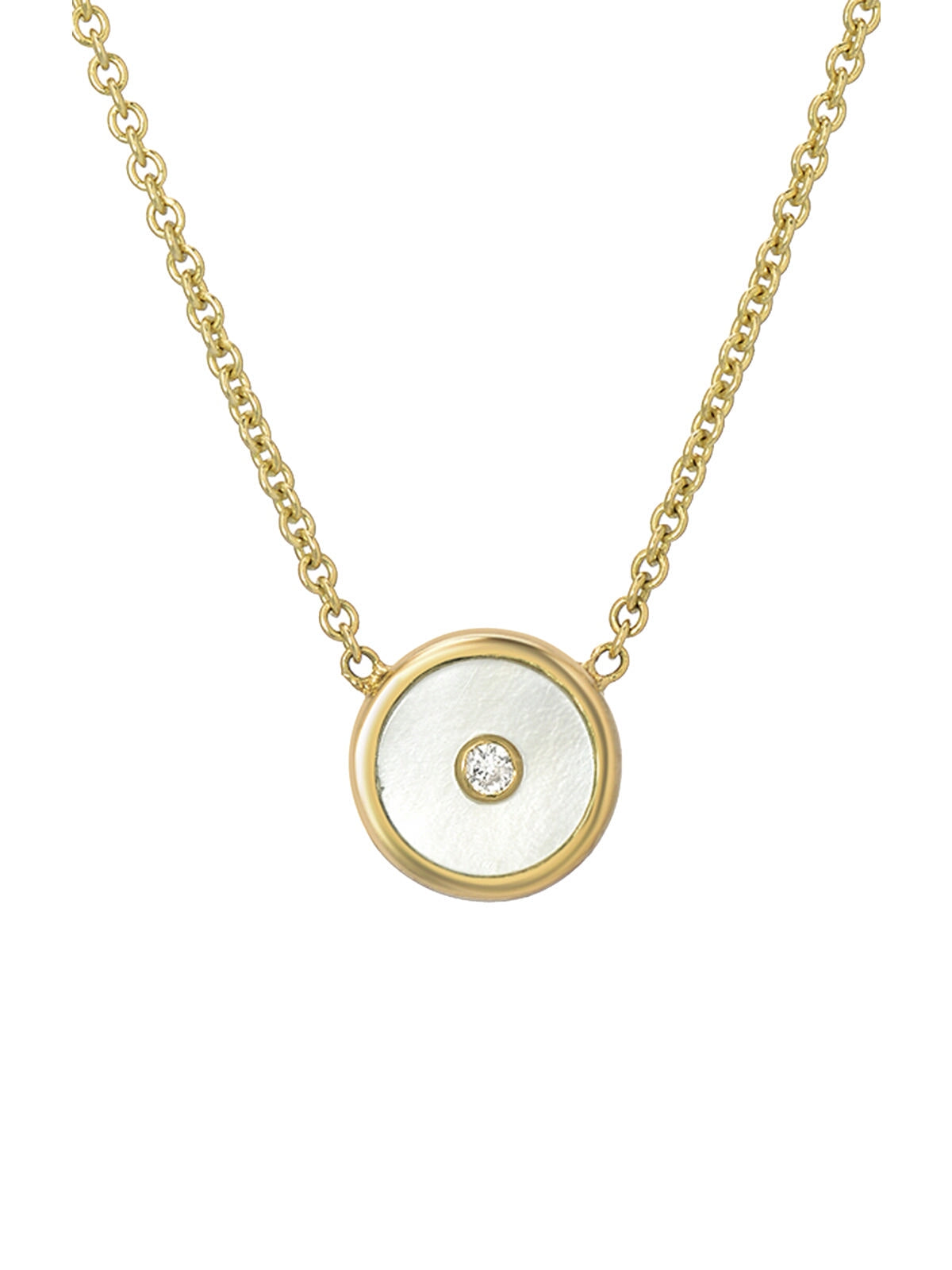 Mini White Mother of Pearl and Diamond Compass Yellow Gold Necklace