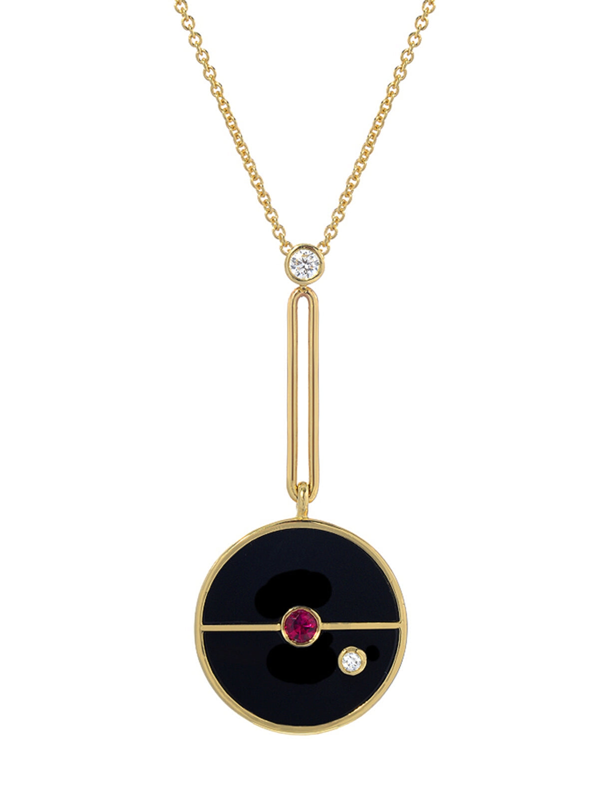 Signature Black Onyx and Ruby Compass Yellow Gold Pendant Necklace