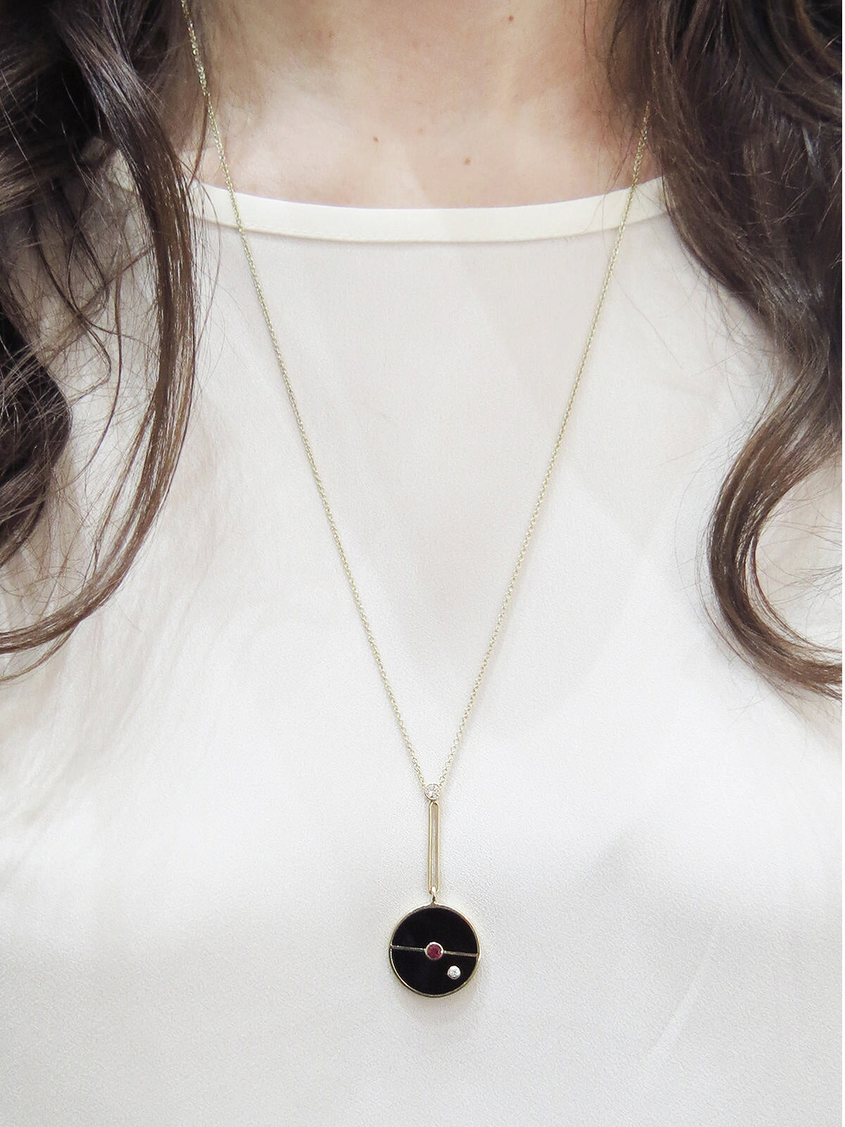 Signature Black Onyx and Ruby Compass Yellow Gold Pendant Necklace