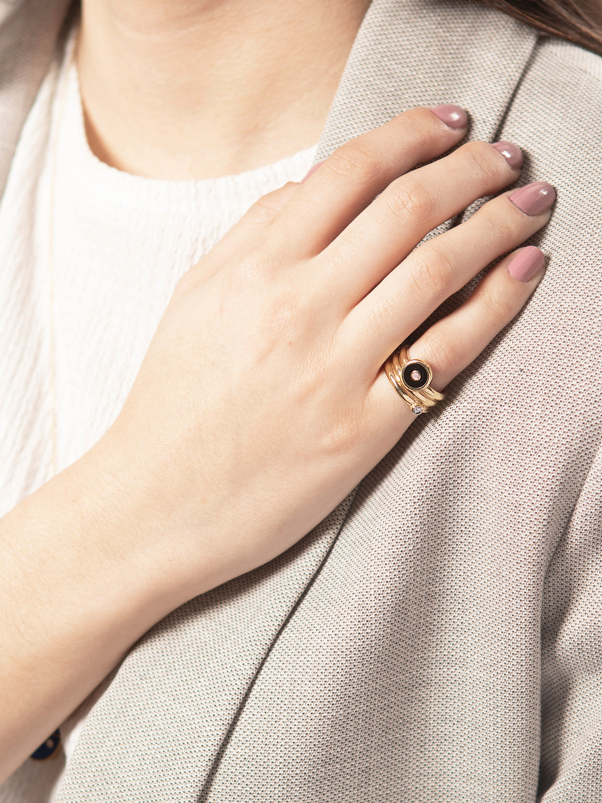 Triple Coil Mini Black Onyx and Diamond Compass Yellow Gold Ring