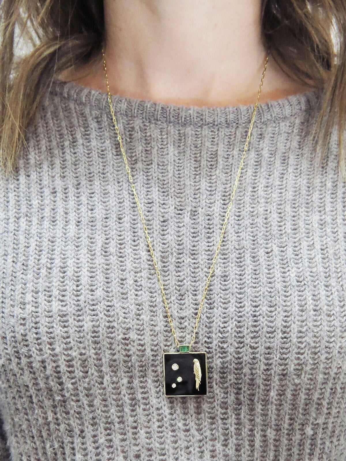 Black Onyx and Emerald Yellow Gold Truth Pendant Necklace