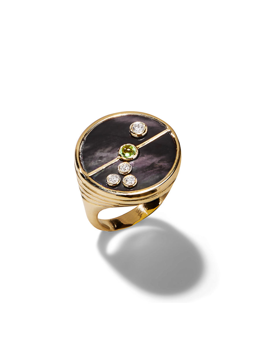 Dark Mother of Pearl and Mint Garnet Compass Yellow Gold Ring