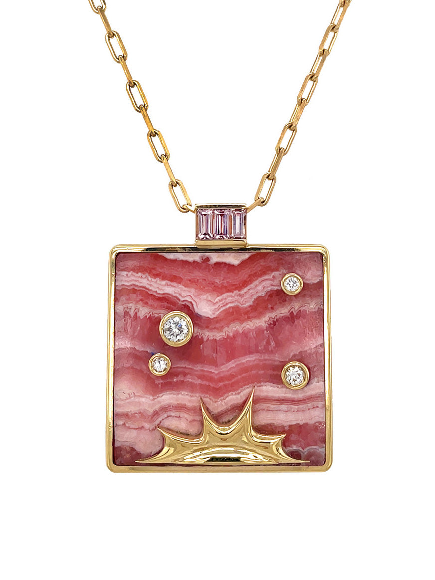 Large Rhodochrosite Optimism Yellow Gold Pendant Necklace