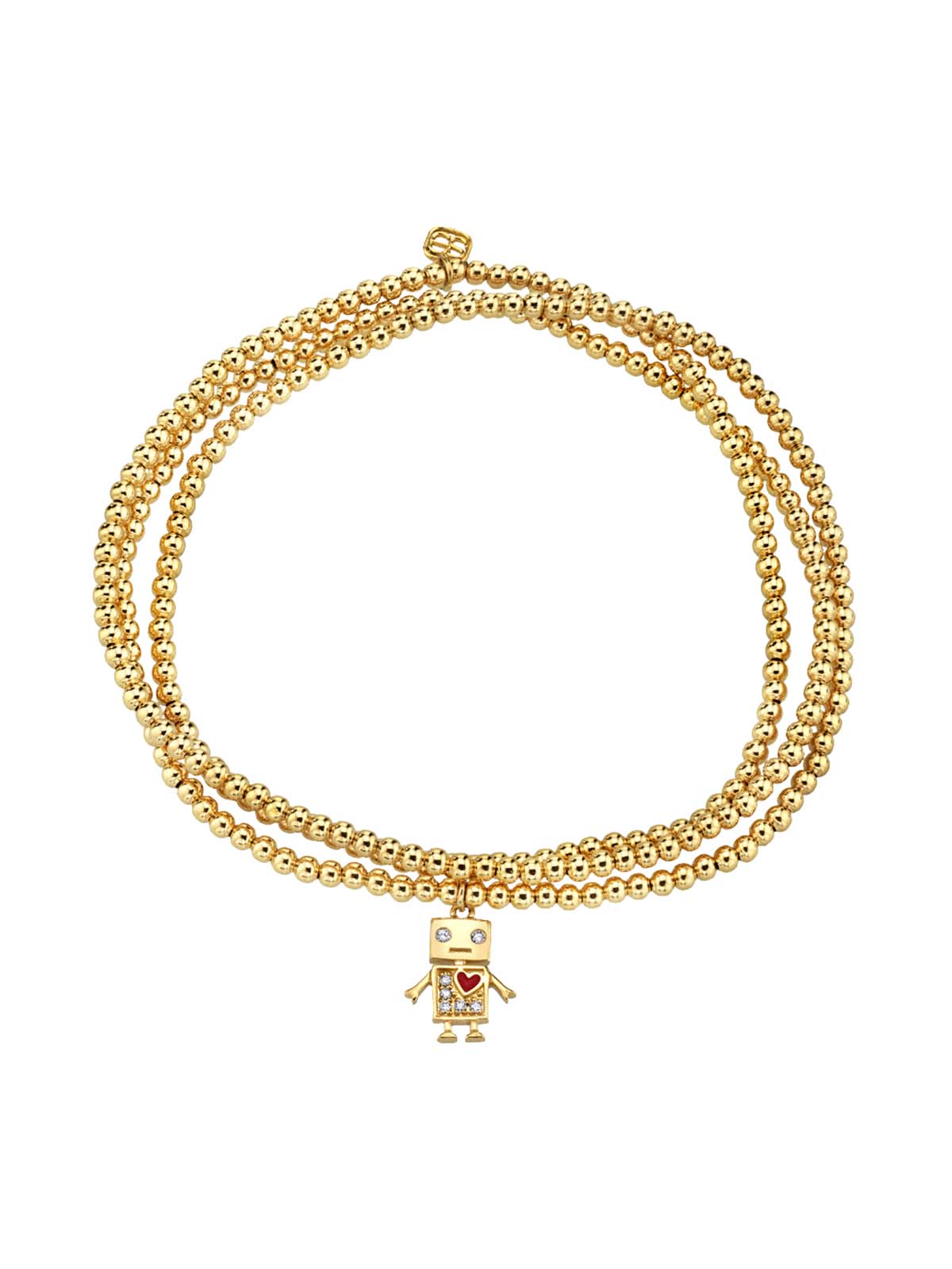 Baby Diamond Robot Charm on Triple Yellow Gold Beaded Bracelet