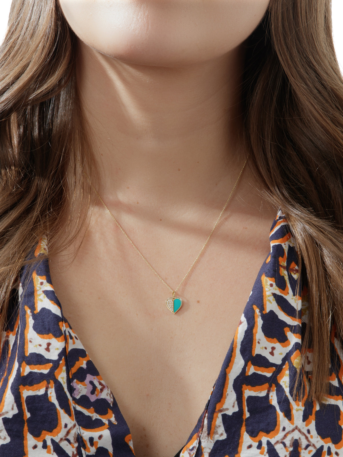 Diamond & Turquoise Inlay Heart Yellow Gold Necklace