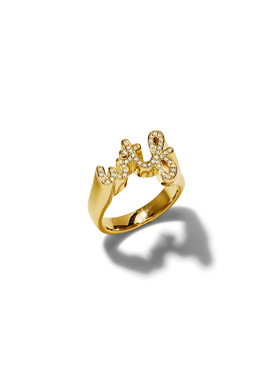 WTF Script Yellow Gold Block Ring