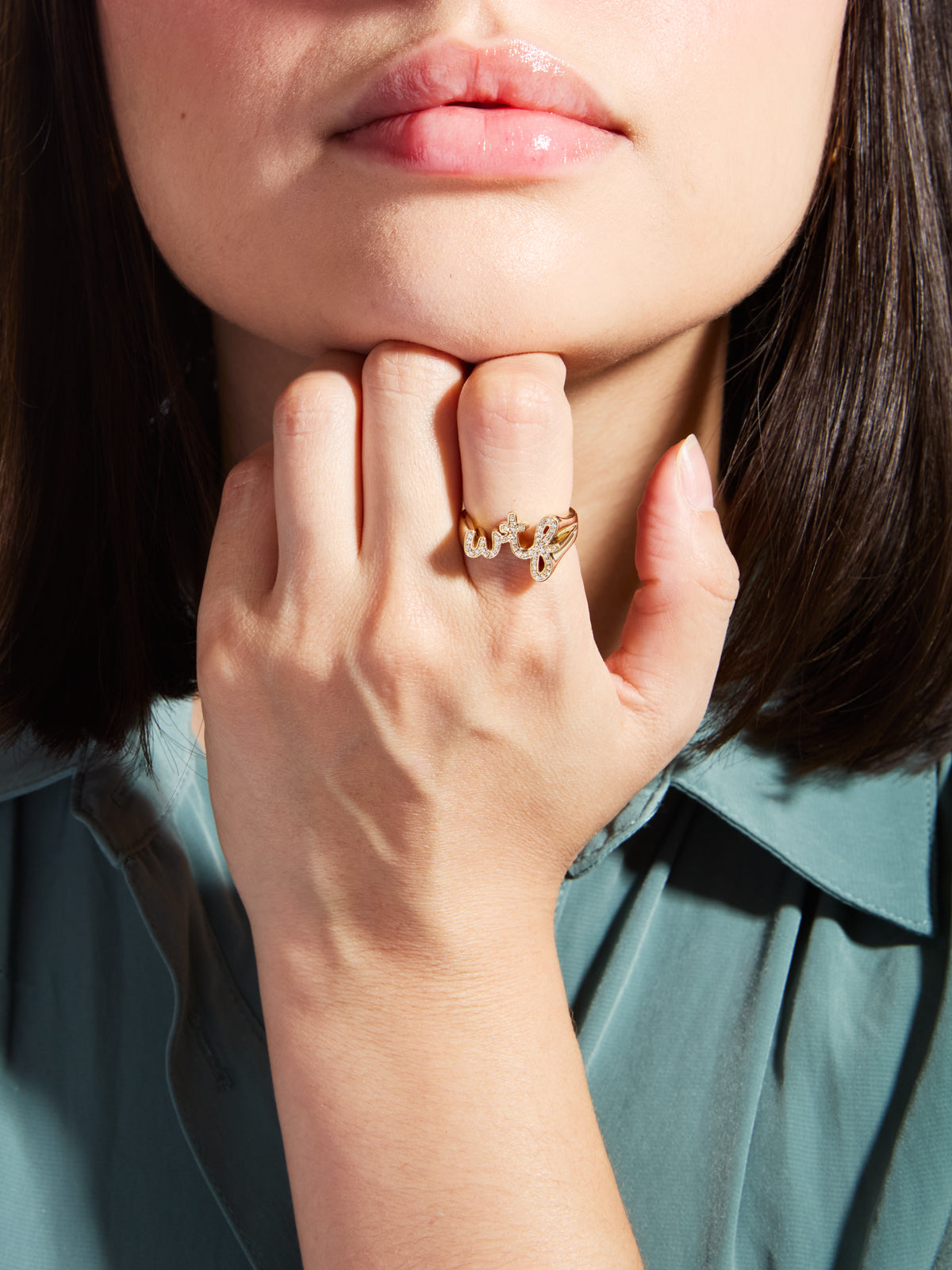 WTF Script Yellow Gold Block Ring