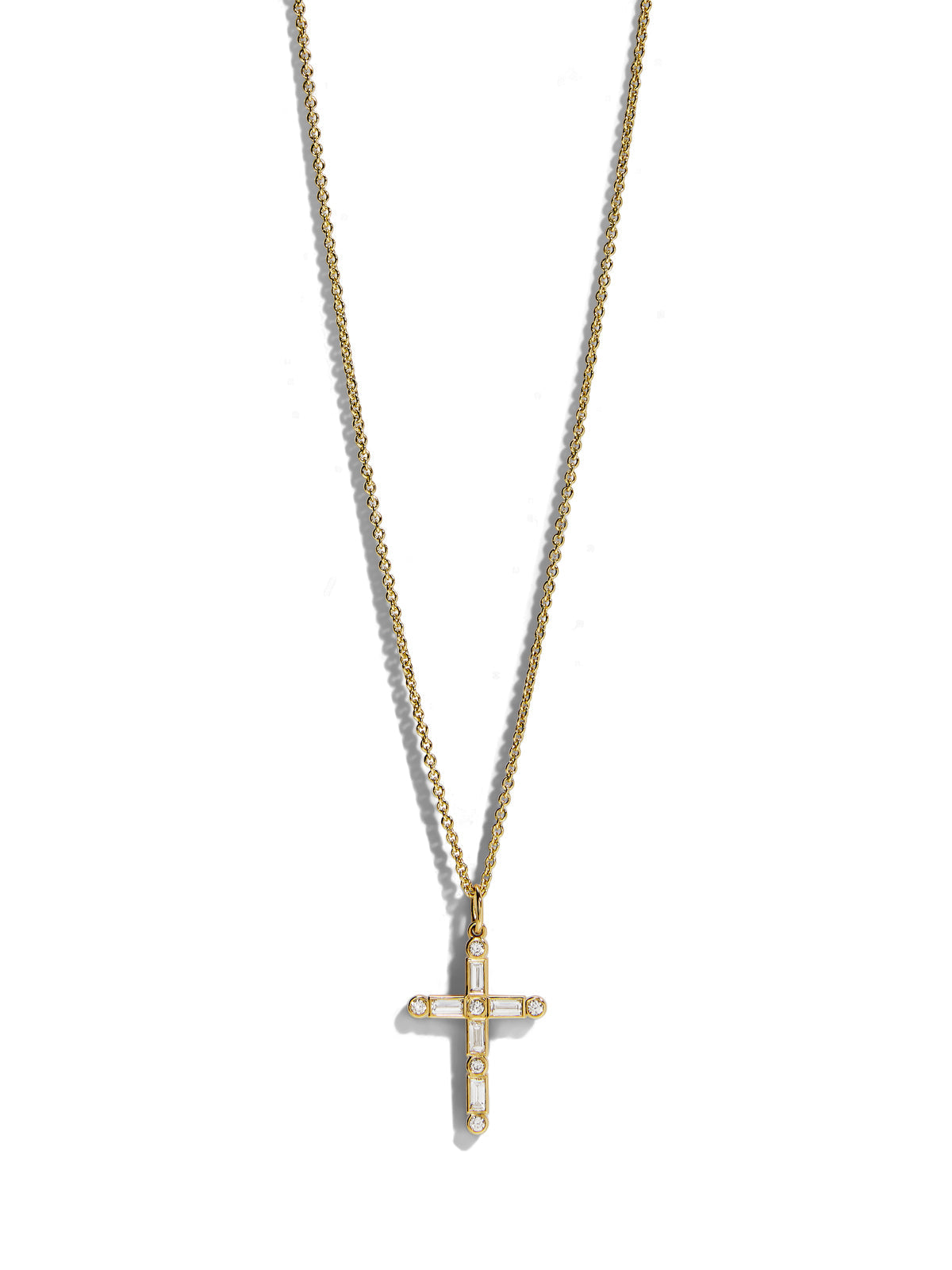 Diamond Baguette & Bezel Cross Yellow Gold Necklace