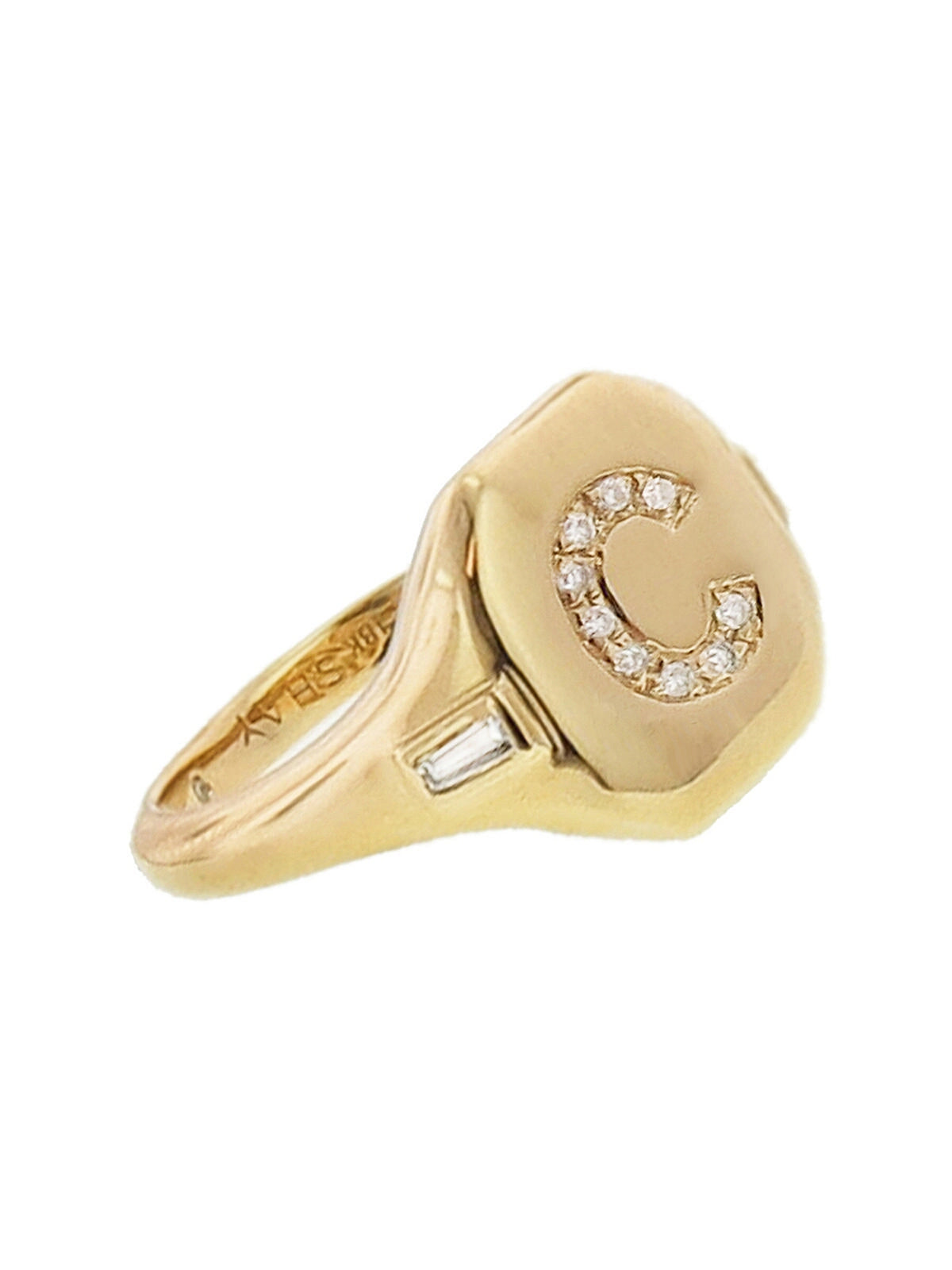 Side Diamond Accents Initial Yellow Gold Pinky Ring