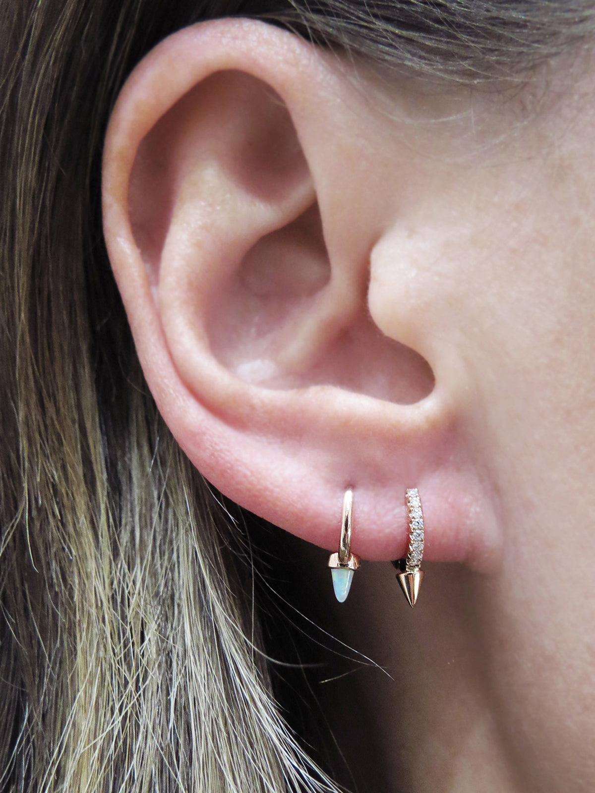 White Opal Spike Rose Gold Single Hoop Earring