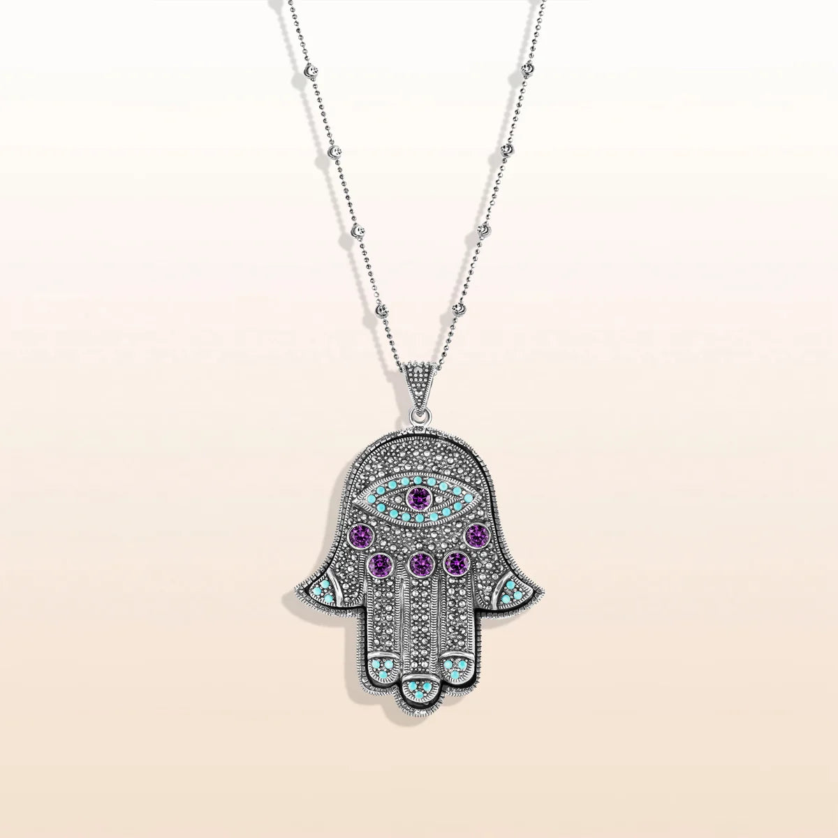 Abundant Radiance Amethyst Hamsa Pendant Necklace