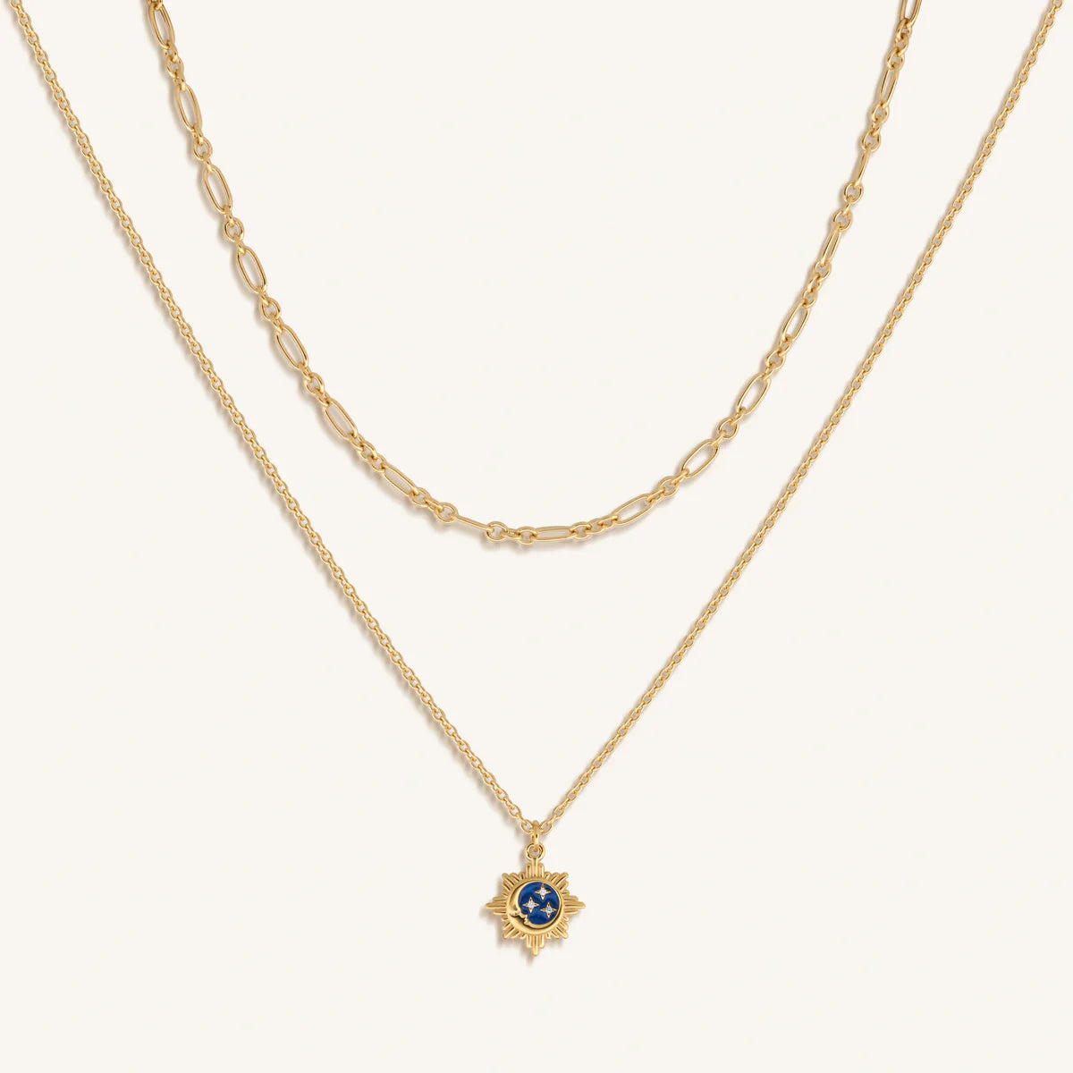 Reflected Bliss Gold Moon & Stars Double Chain Gold Necklace