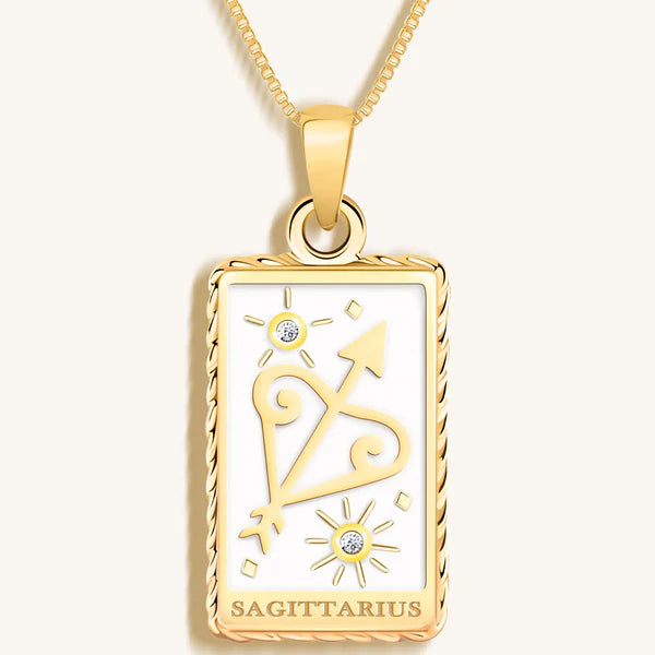 Optimistic Temperament - White Enamel Sagittarius Card Necklace