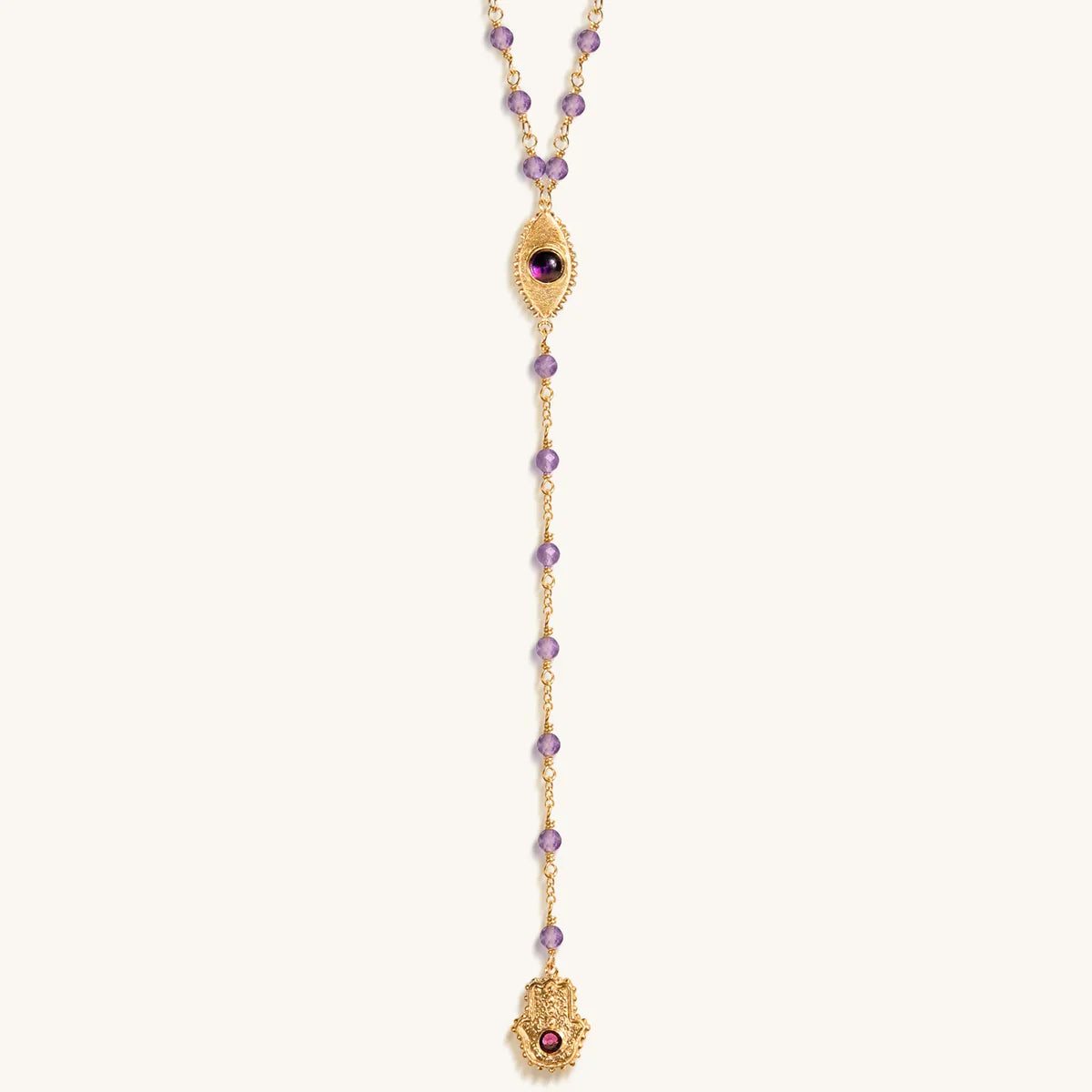 Peace of Spirit - Amethyst Evil Eye Hamsa Lariat Necklace