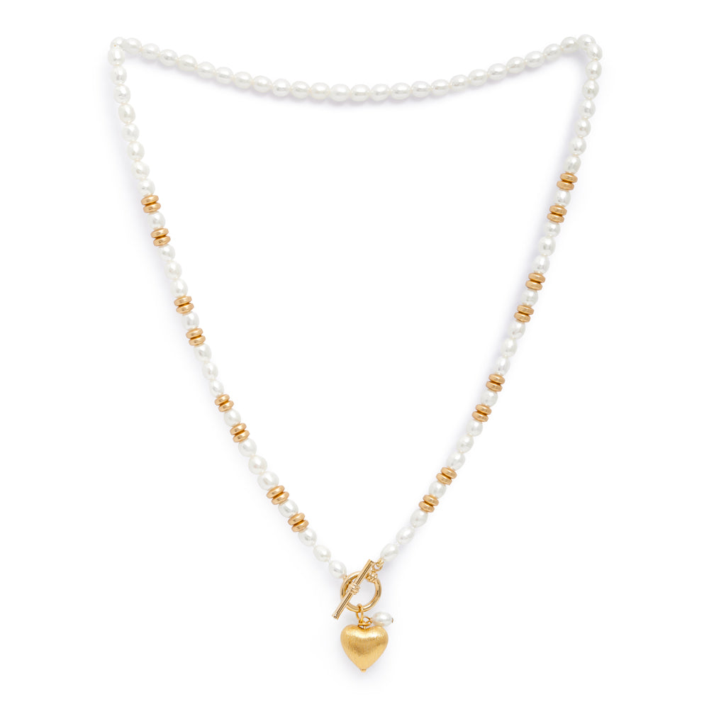 Amare White Cultured Freshwater Pearl Necklace With Gold Vermeil Heart Gold Hematite Beads