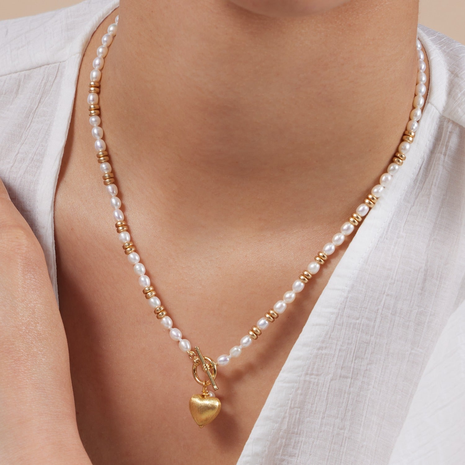 Amare White Cultured Freshwater Pearl Necklace With Gold Vermeil Heart Gold Hematite Beads