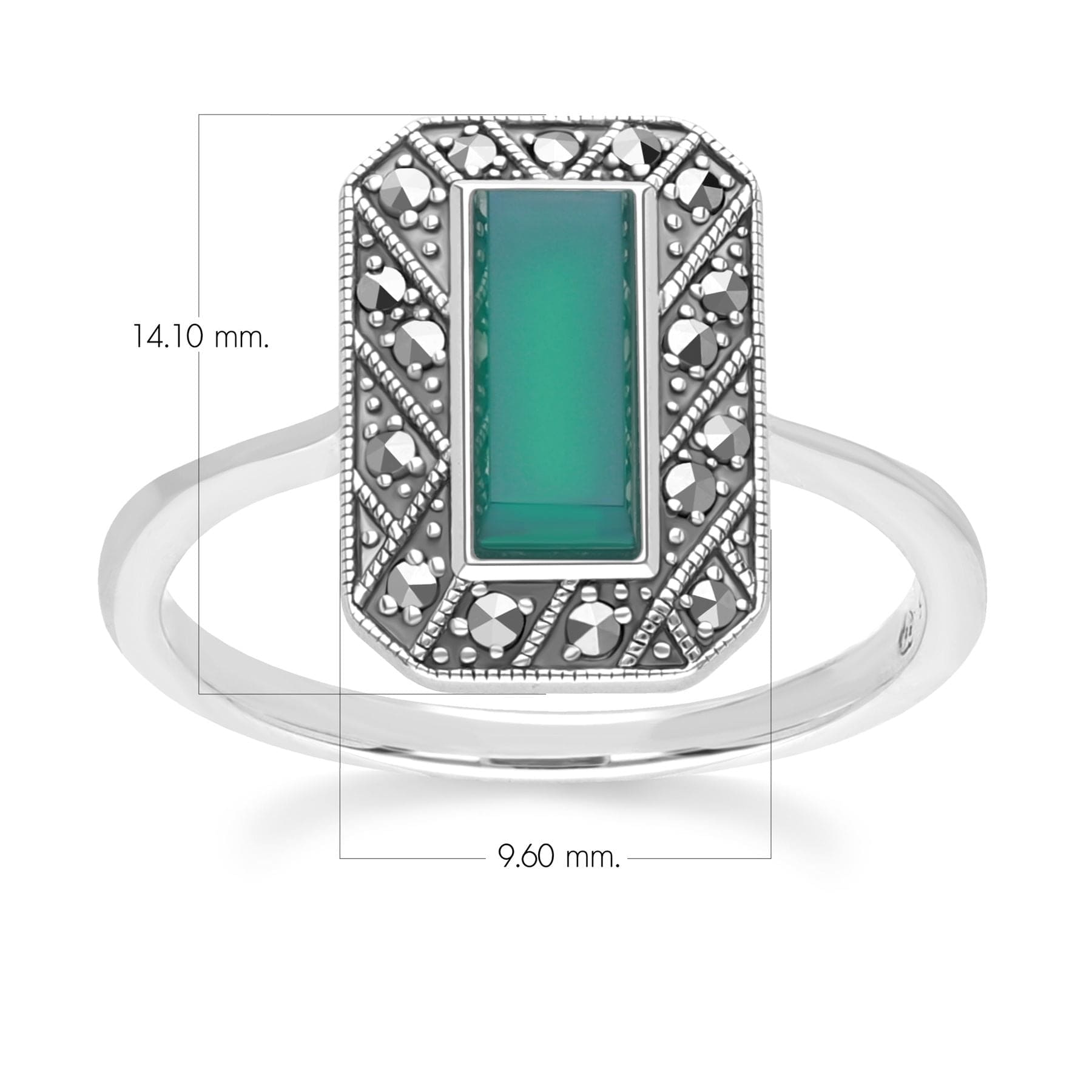 Art Deco Style Rectangle Chalcedony Marcasite Ring In Sterling Silver