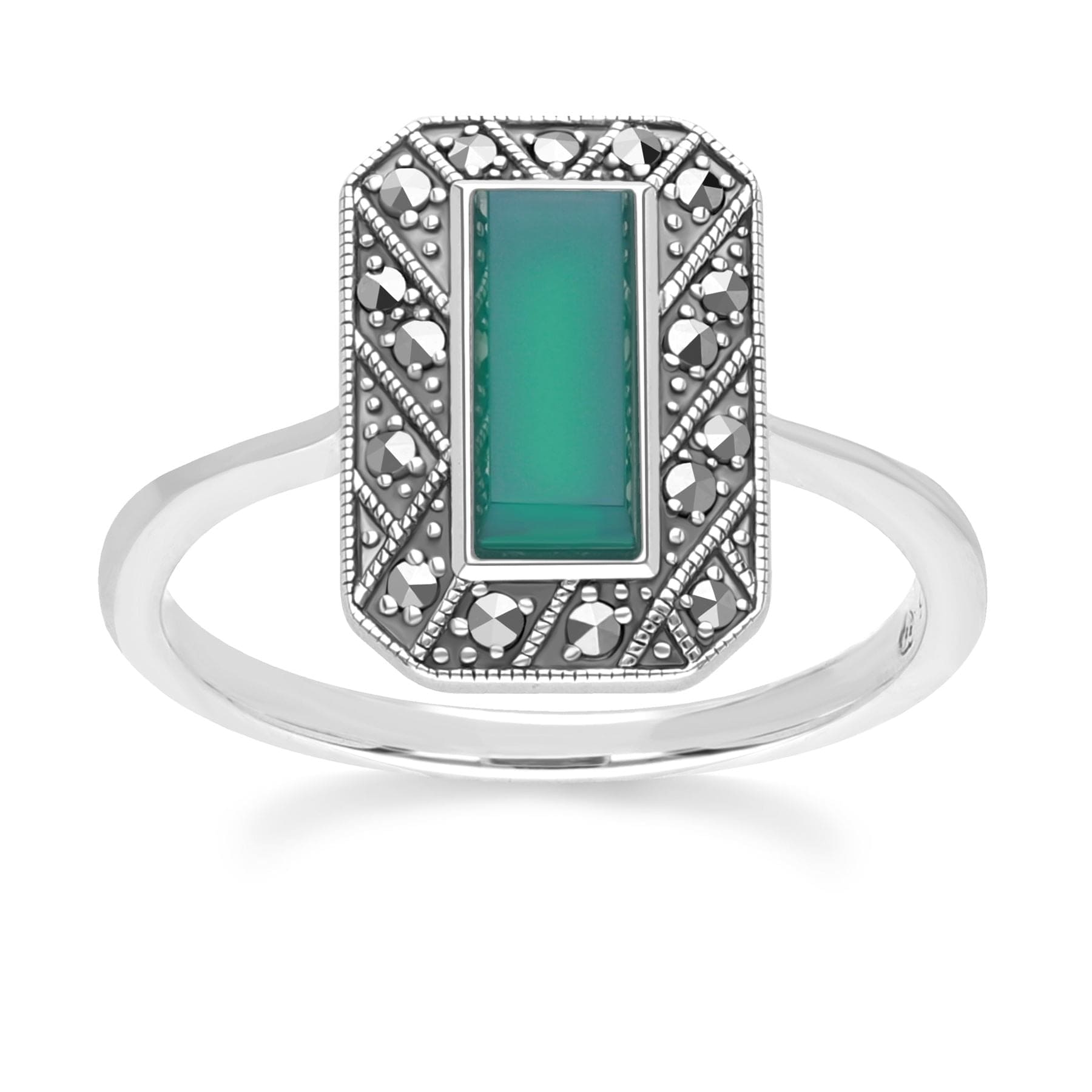 Art Deco Style Rectangle Chalcedony Marcasite Ring In Sterling Silver