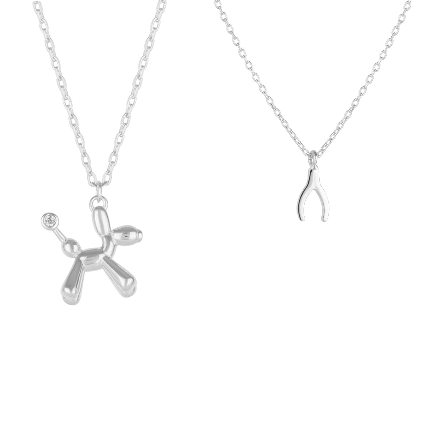 Balloon Dog Poodle Wishbone Necklace Layering Set In Sterling Silver