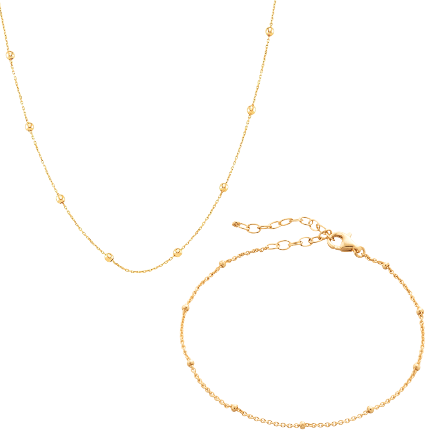 Bead Chain Sterling Silver Satellite Necklace Bracelet Set Gold