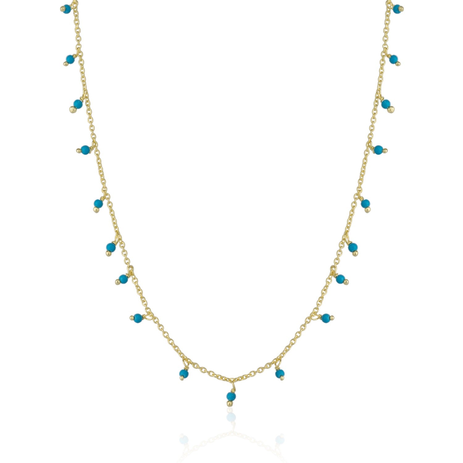 Blue Turquoise Beaded Sterling Silver Chain Necklace Gold