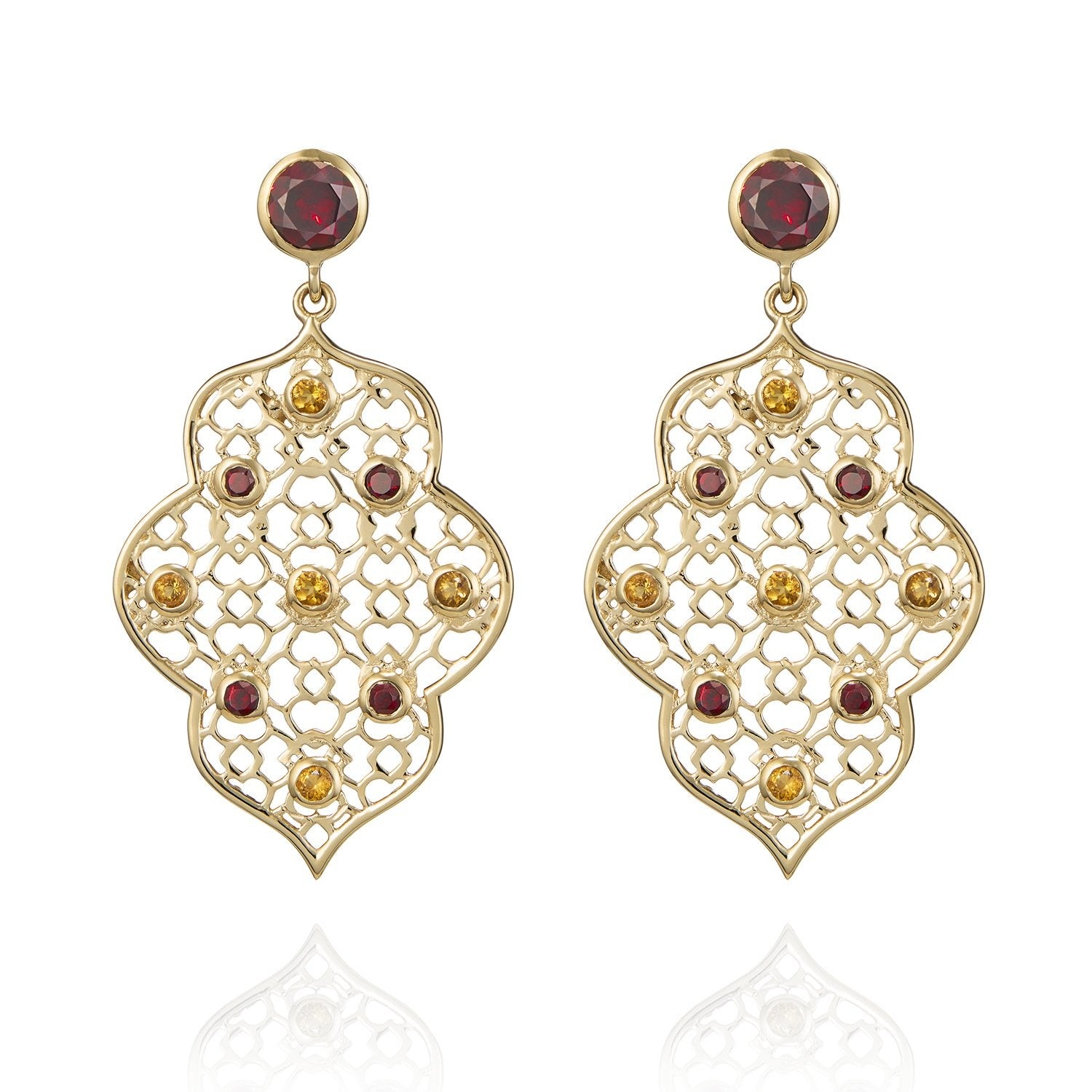 Gold Filigree Earrings In Garnet Citrine