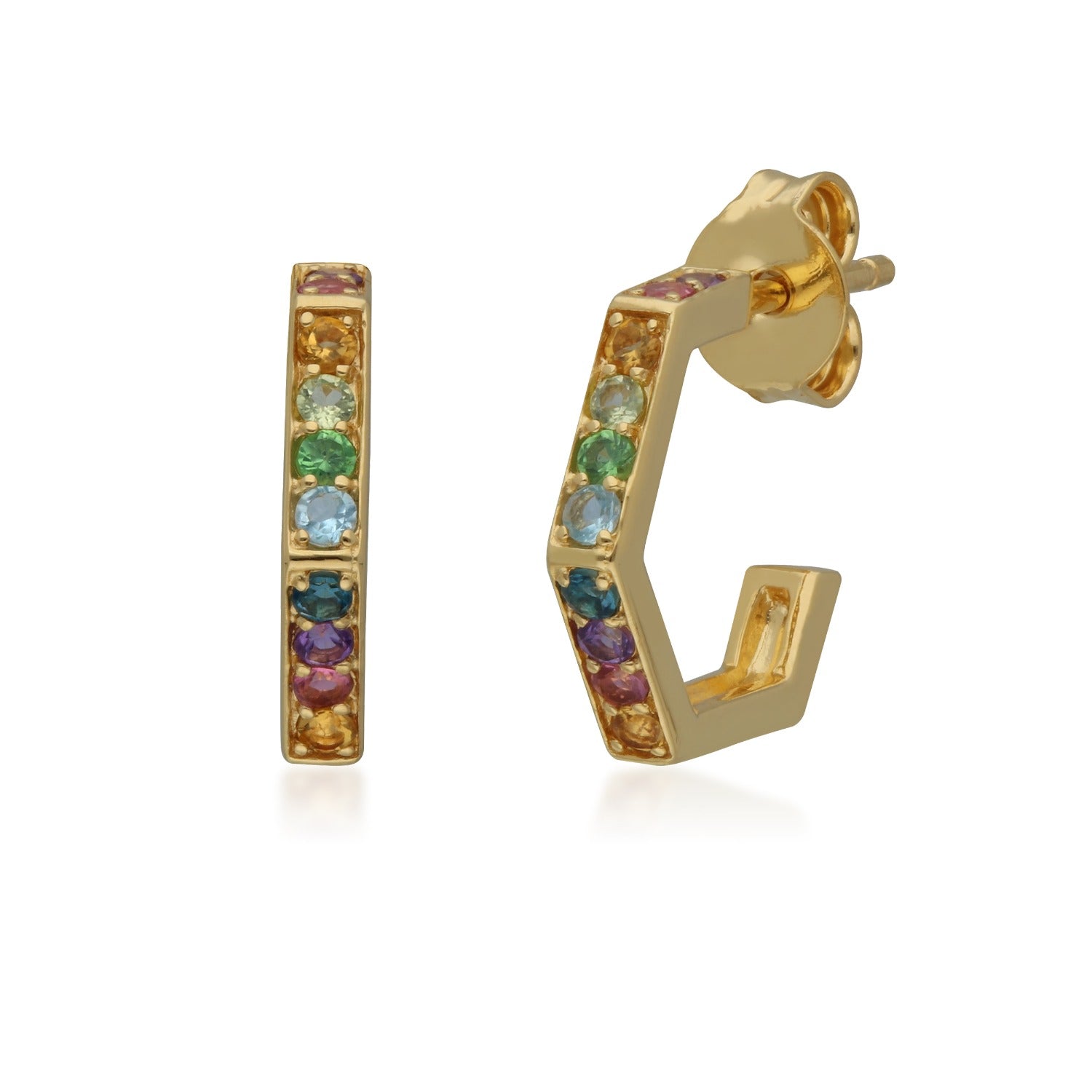 Rainbow Gems Hex Hoops Gold Plated Silver