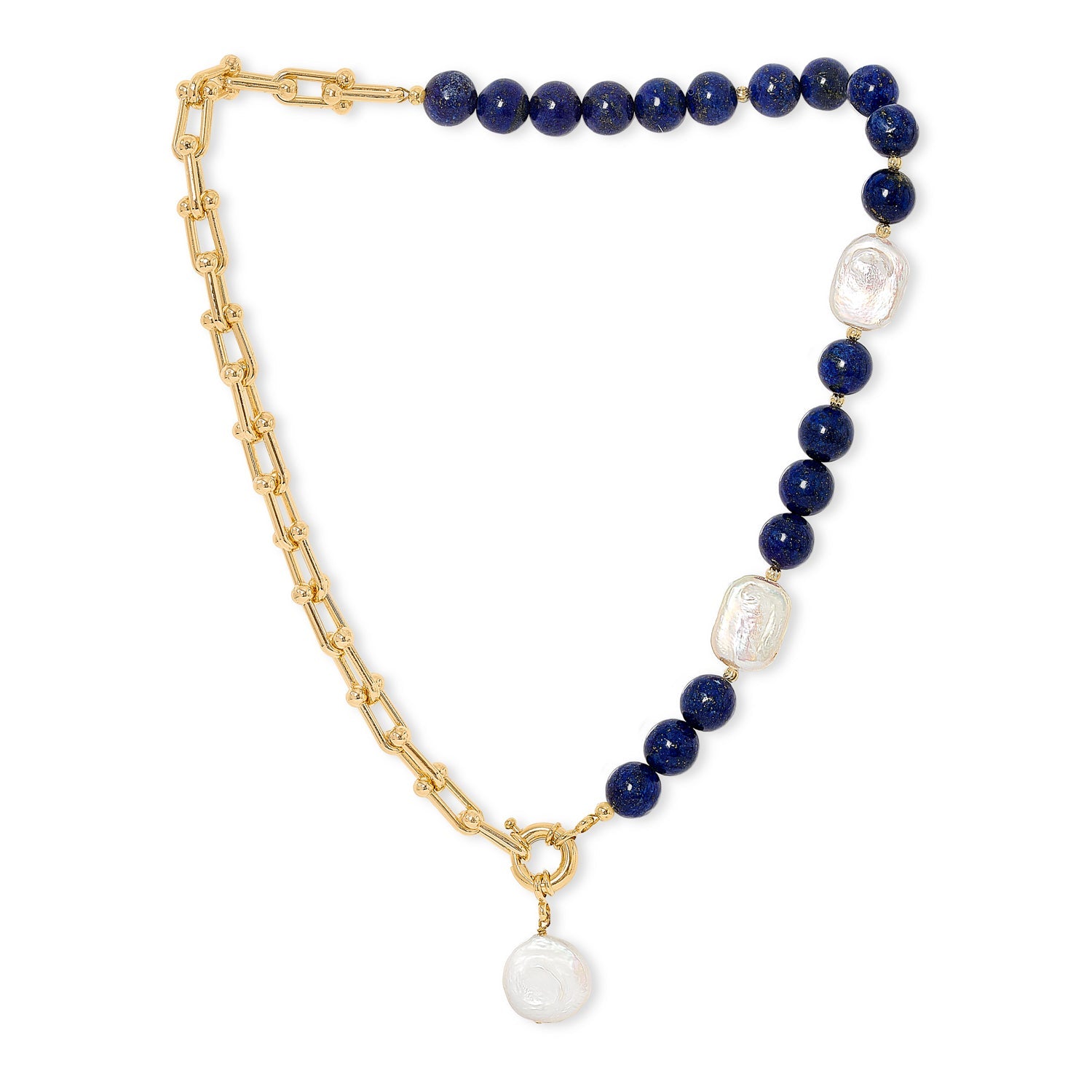 Clara Chunky Gold Chain Lapis Lazuli Necklace With Cultured Freshwater Pearl Drop