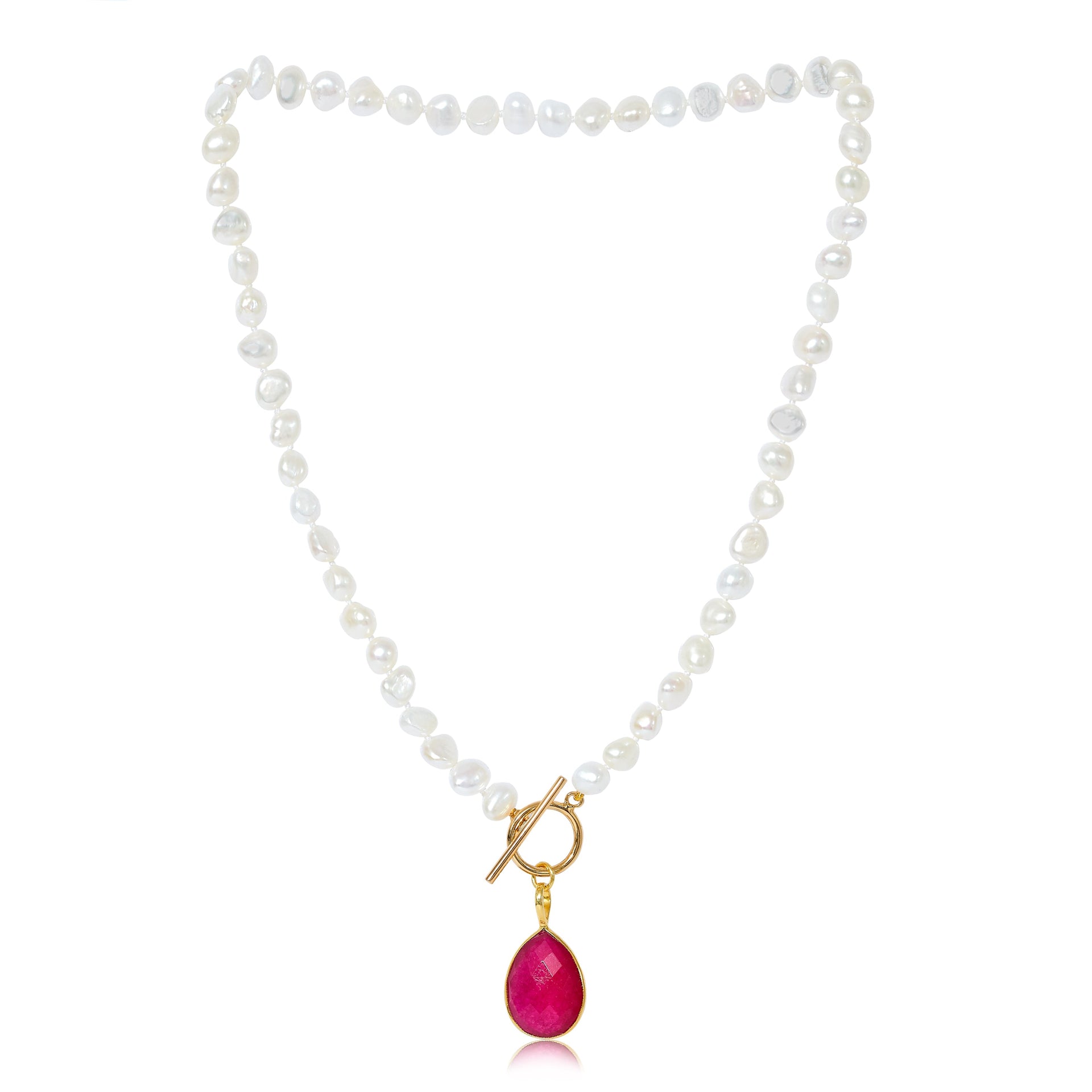 Clara Cultured Irregular Freshwater Pearl Necklace With Ruby Quartz Gold Vermeil Drop