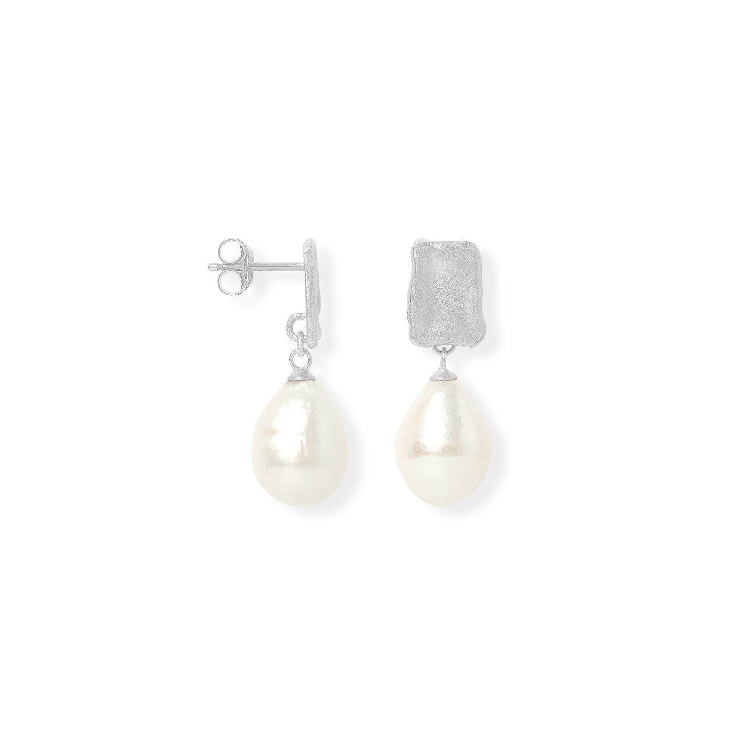 Decus Silver Stud Earrings With Large Baroque Cultured Freshwater Pearls Drop Earrings