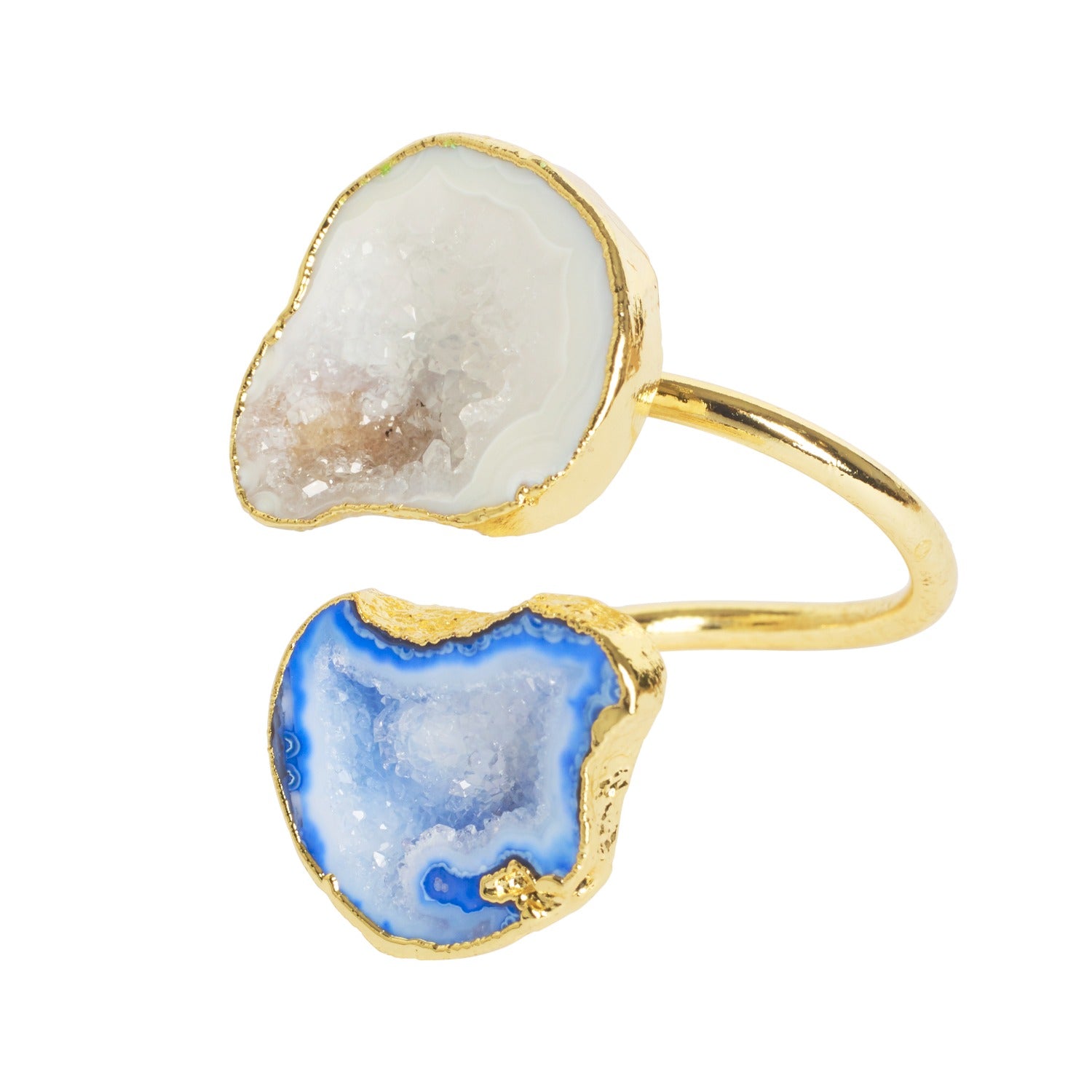 Denim Blue Natural White Duo Gold Adjustable Crystal Statement Ring