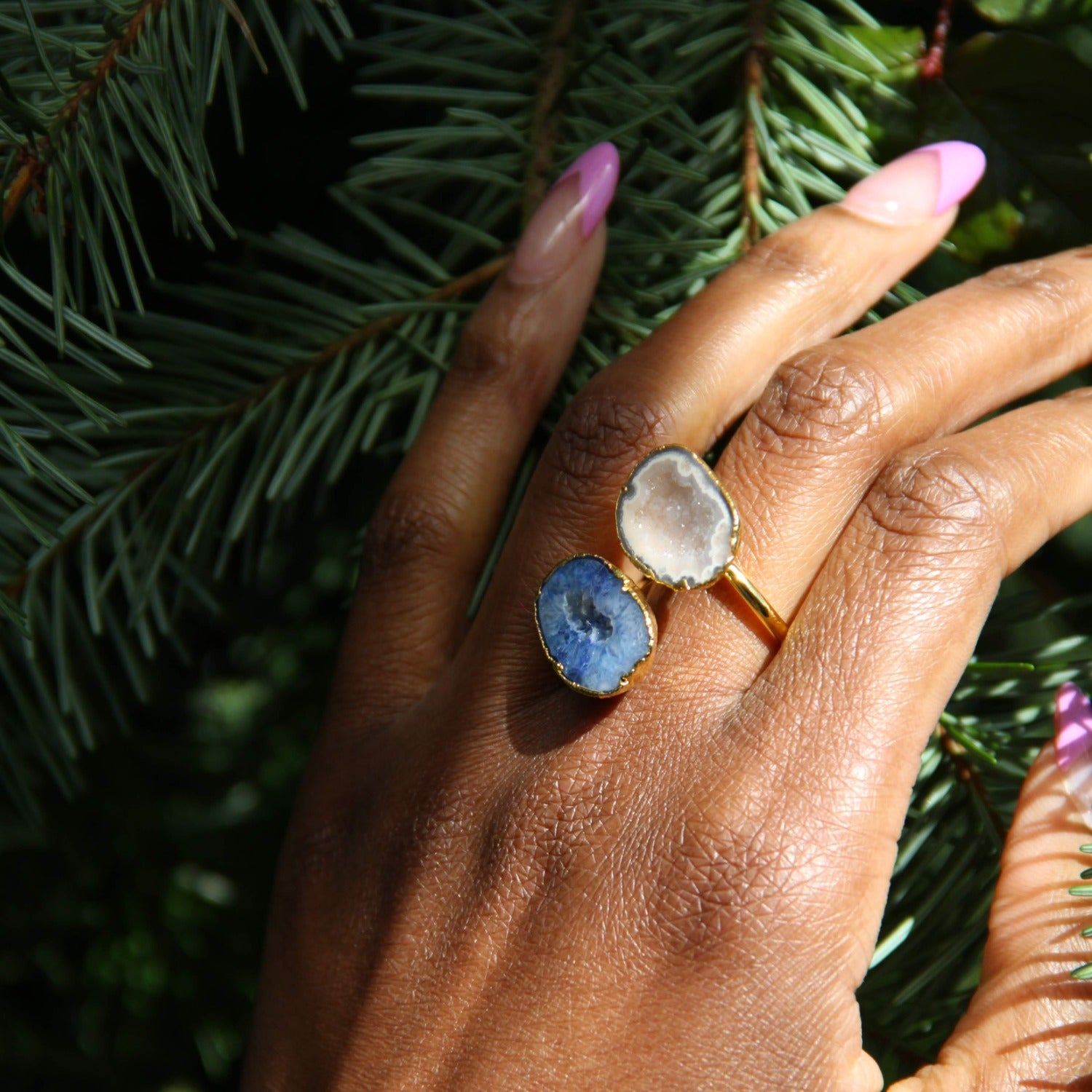 Denim Blue Natural White Duo Gold Adjustable Crystal Statement Ring