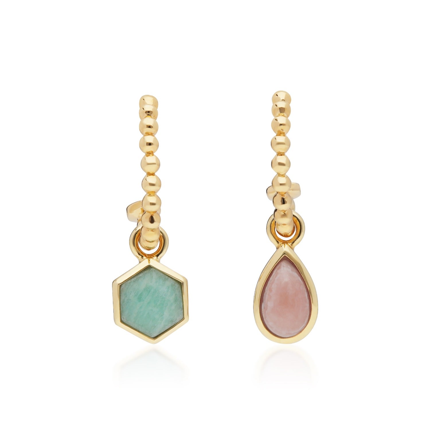 Mismatched Amazonite Rhodrochronsite Hoops In Yellow Gold Plated Silver