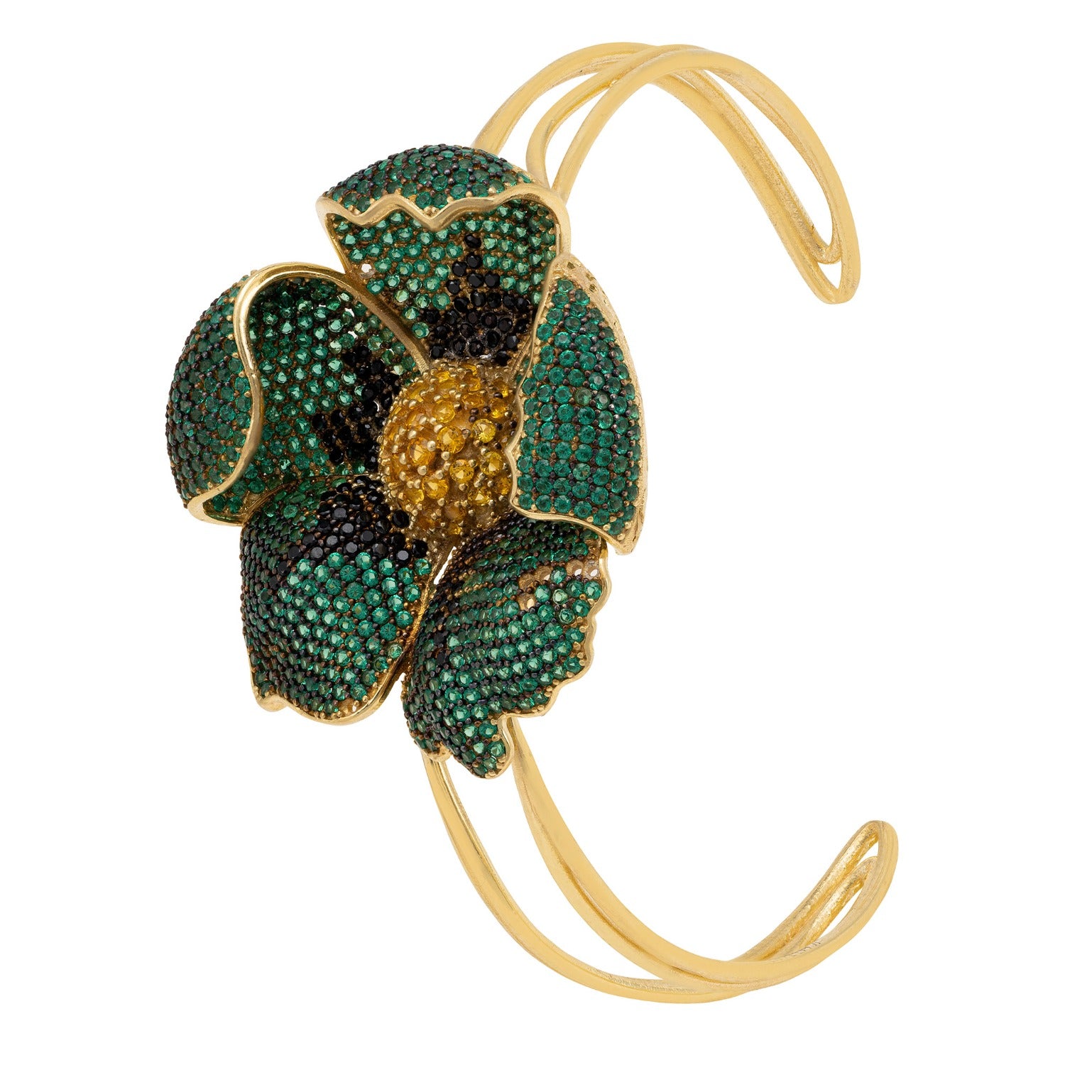 Poppy Bangle Cuff Bracelet Gold Emerald Green Cz