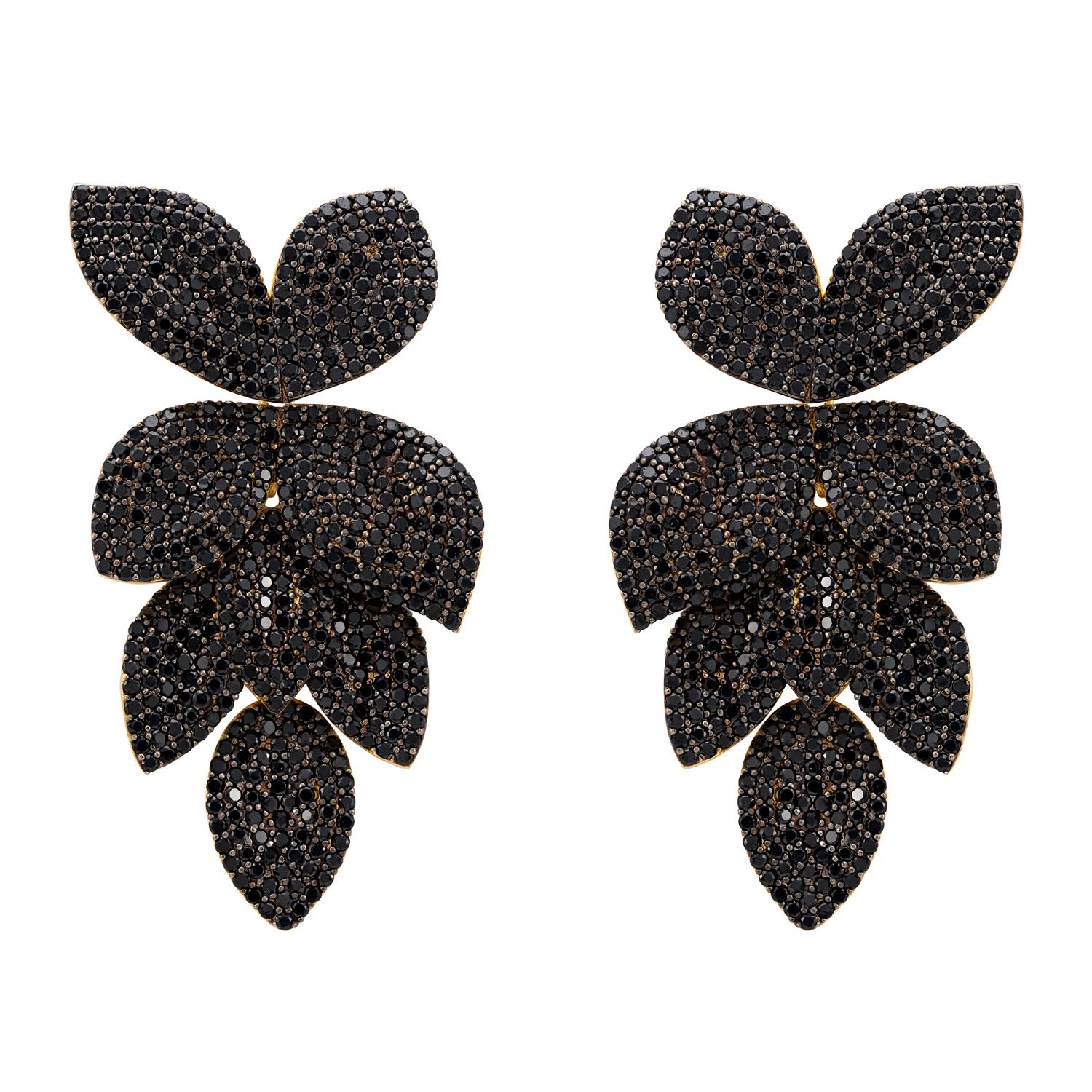 Petal Cascading Flower Earrings Gold Black Cz