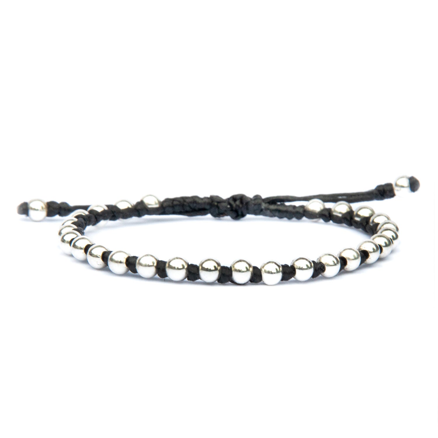 Minimal Silver Bead Black Rope Bracelet