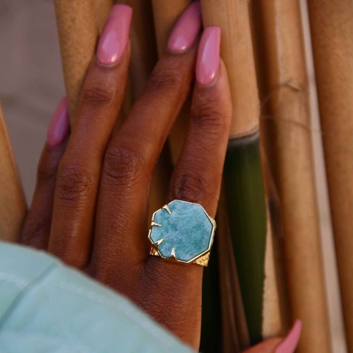 Hold On Amazonite Gemstone Gold Adjustable Statement Ring