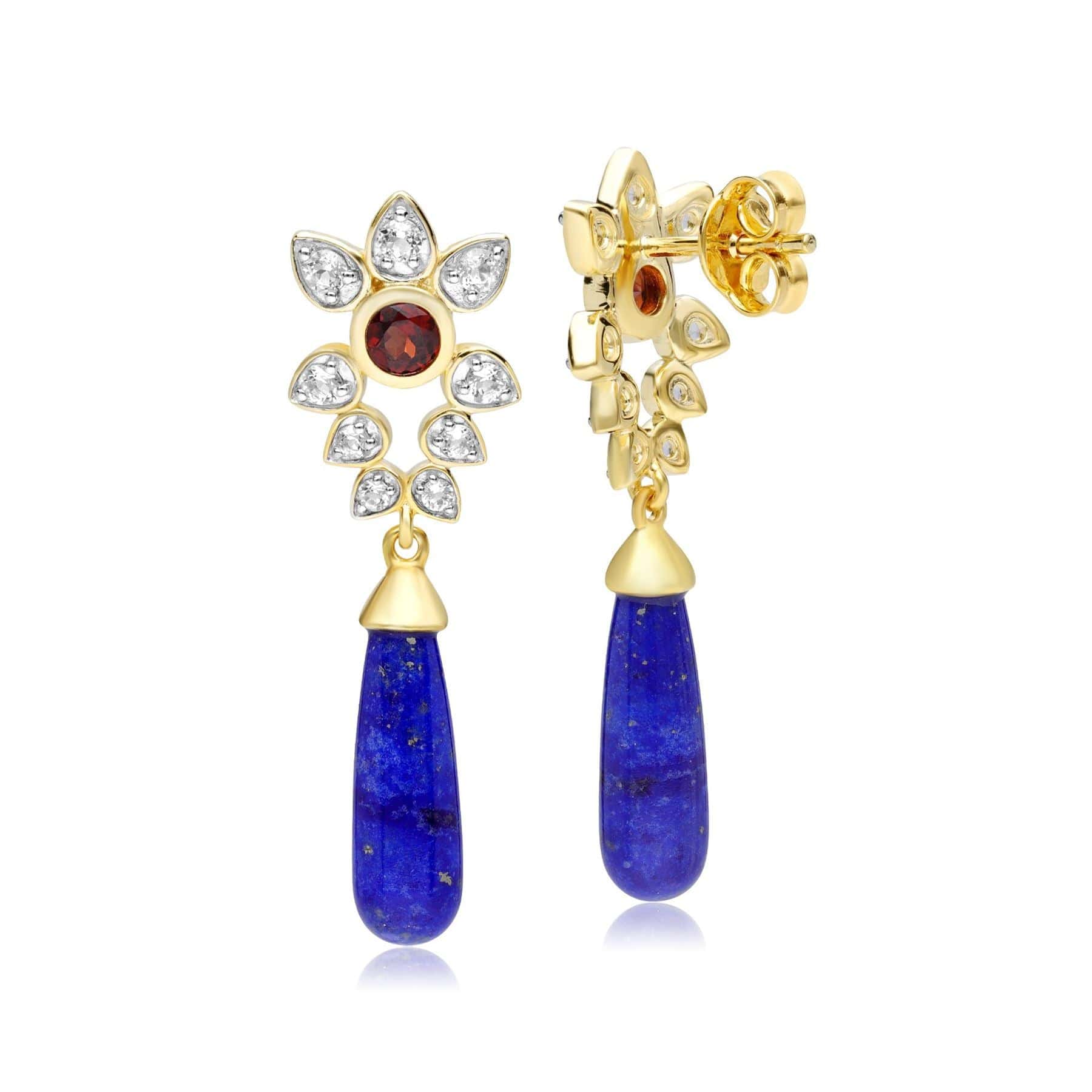 Lapis Lazuli White Topaz Garnet Floral Dangle Drop Earrings In Gold Plated Sterling Silver