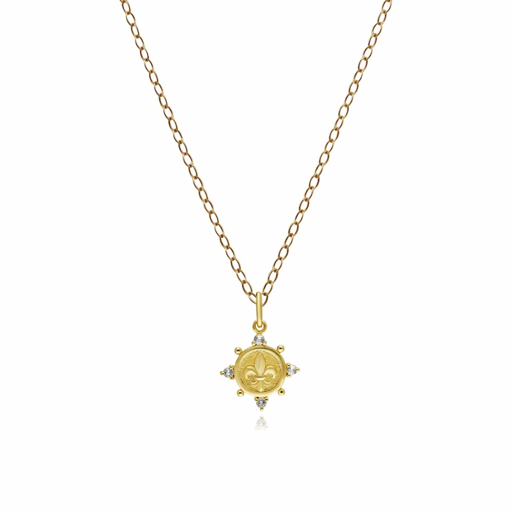 White Topaz Fleur De Lis Coin Pendant Necklace In Yellow Gold