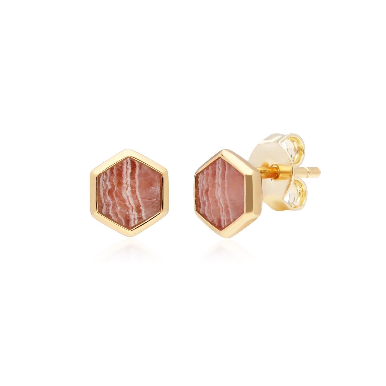 Rhodochrosite Hexagon Stud Earrings In Gold Plated Silver