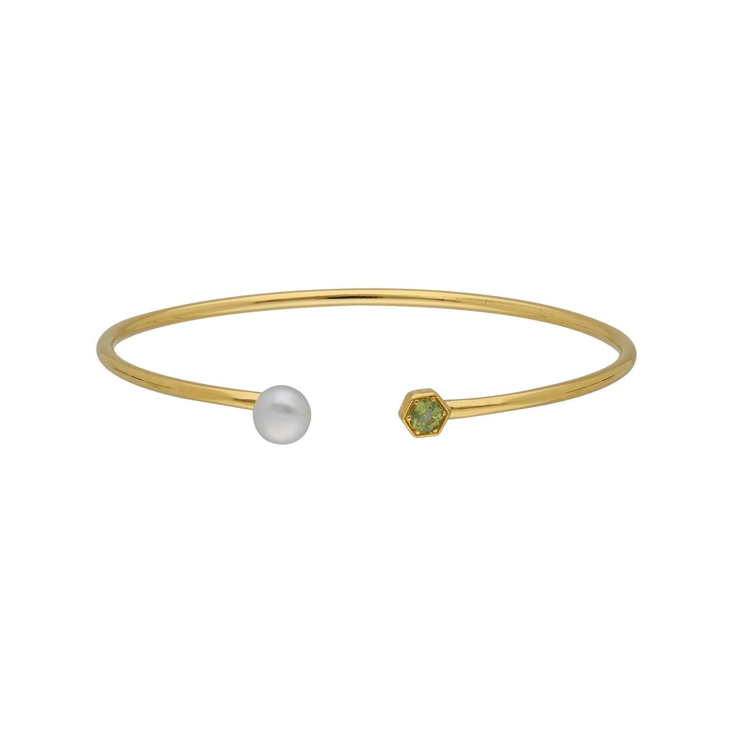 Modern Pearl Peridot Open Bangle Yellow Gold Plated