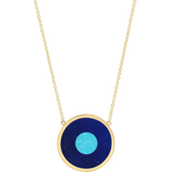 Lapis Inlay with Turquoise Center Evil Eye Yellow Gold Necklace