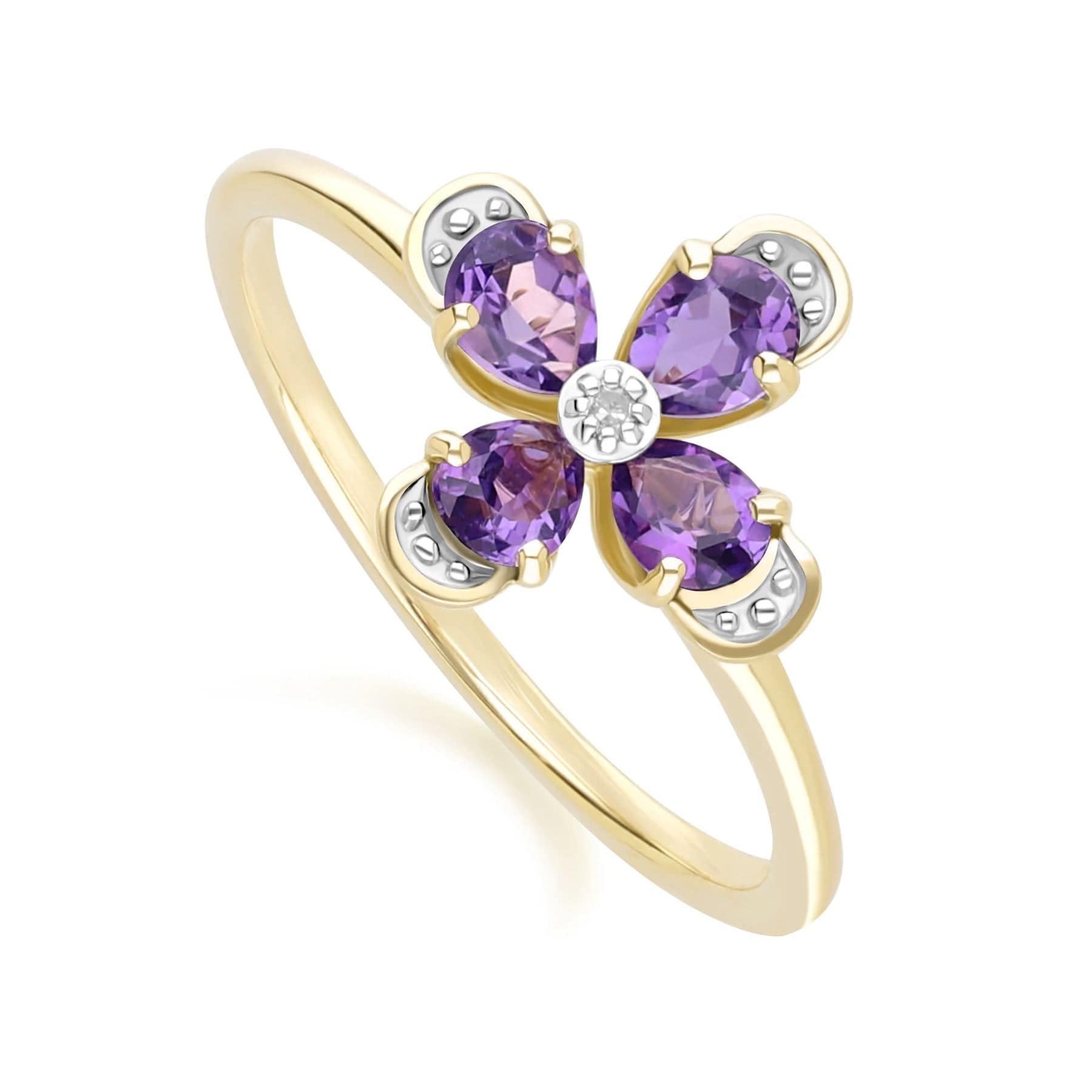 Floral Amethyst Diamond Ring In Yellow Gold