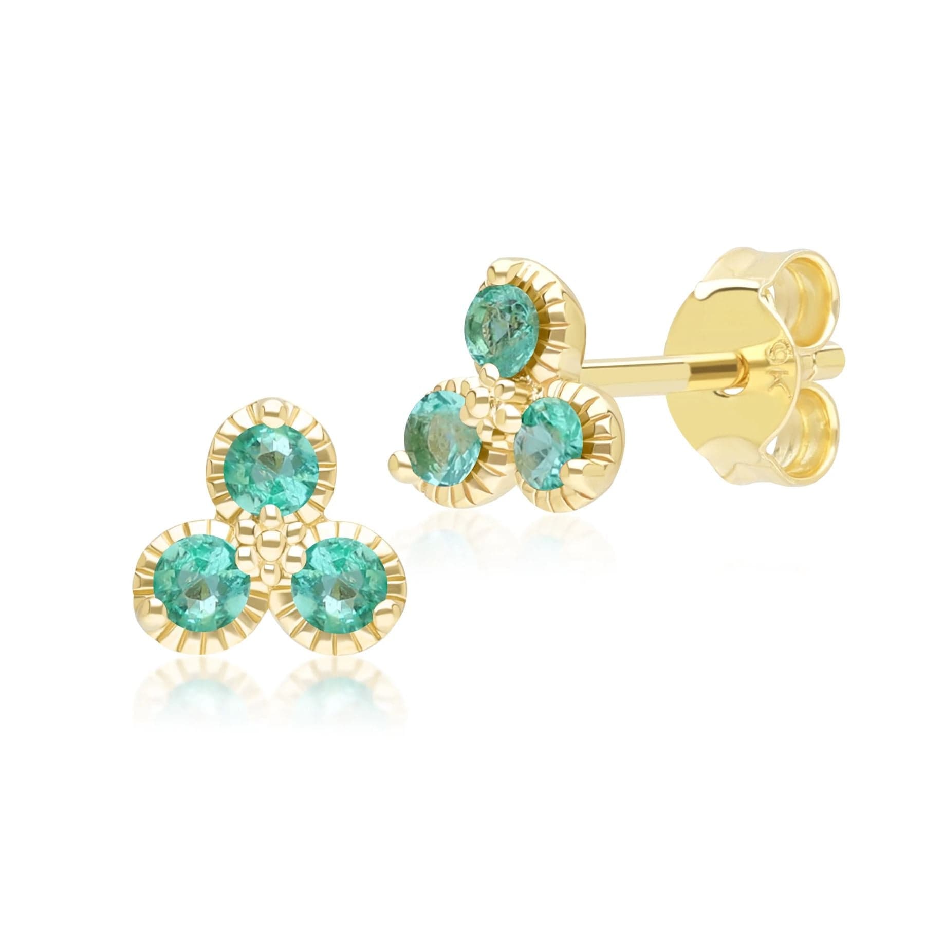 Floral Emerald Three Stone Stud Earrings In Yellow Gold