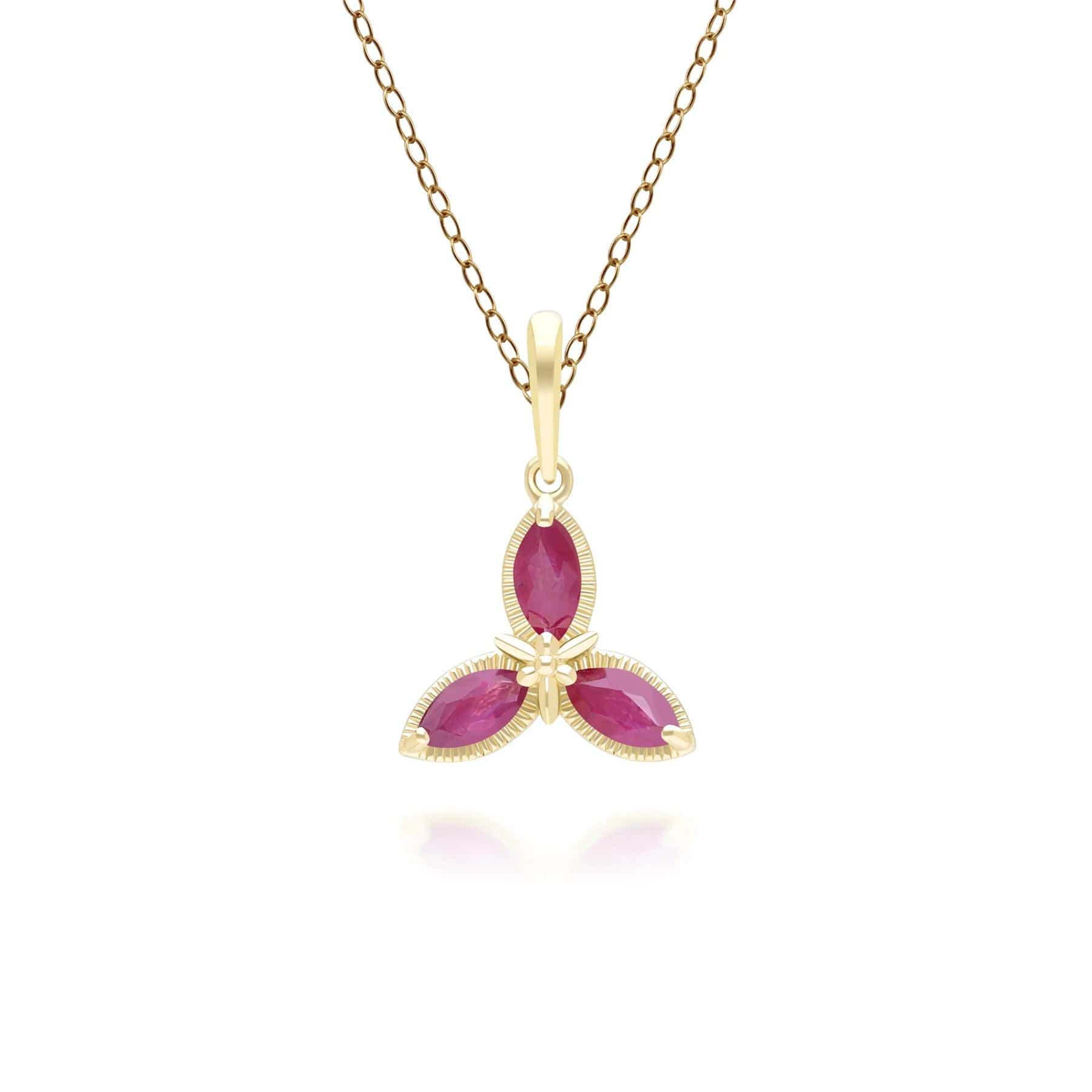 Floral Marquise Ruby Pendant Necklace In Yellow Gold